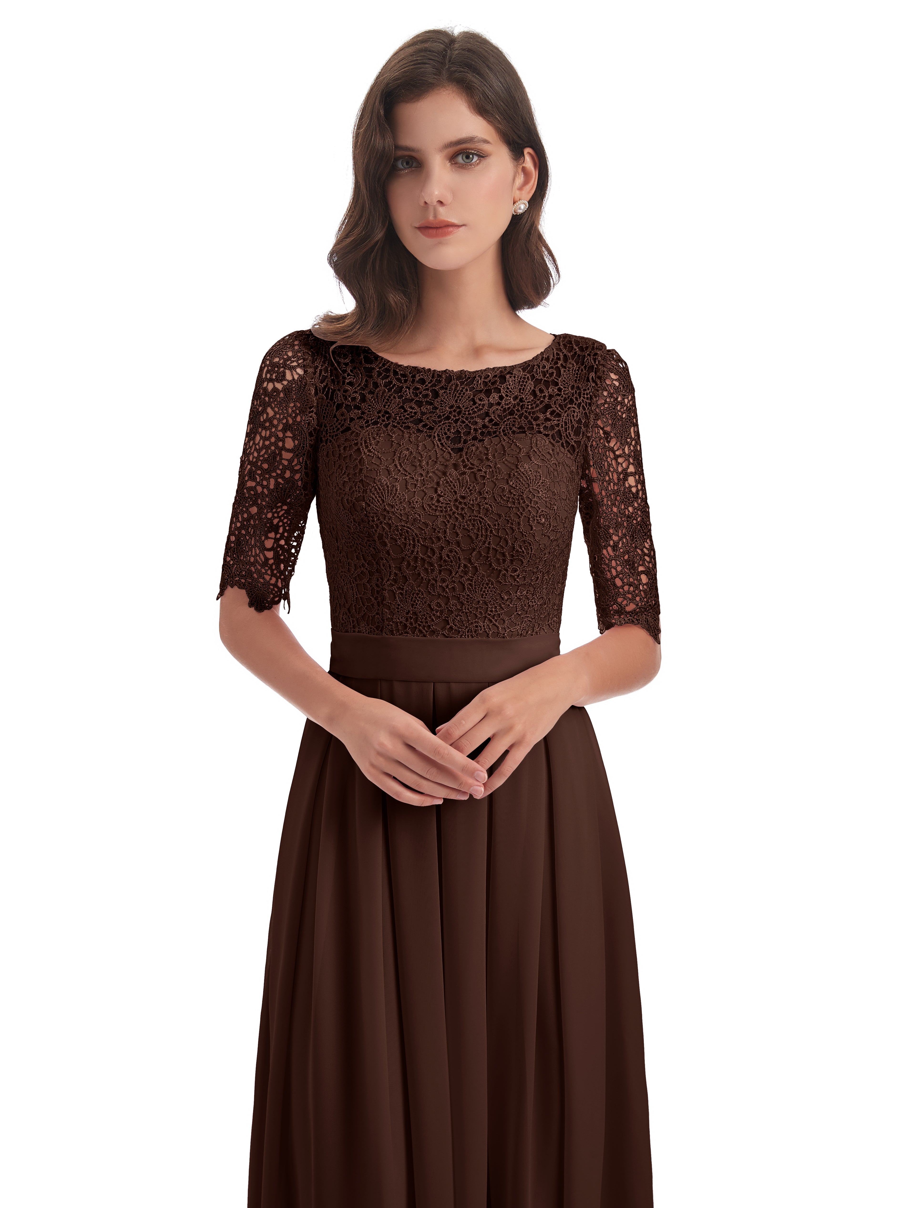 Robe Demoiselle D Honneur Marron Chocolat Demi Manches Encolure Dégagée Robes Demoiselle D'Honneur