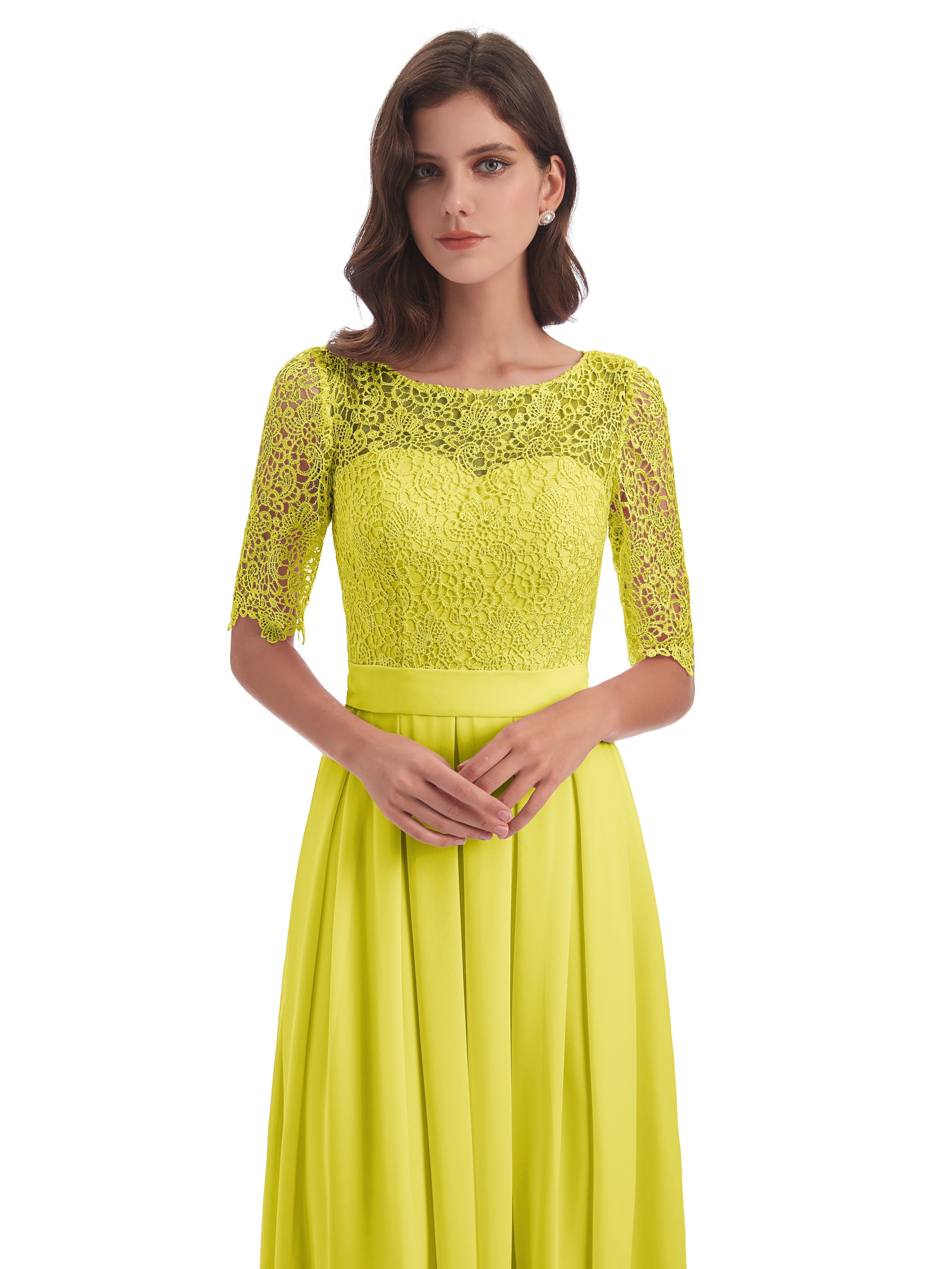 Robes De Demoiselle D'Honneur Citron Demi Manches Encolure Dégagée Robes Demoiselle D'Honneur