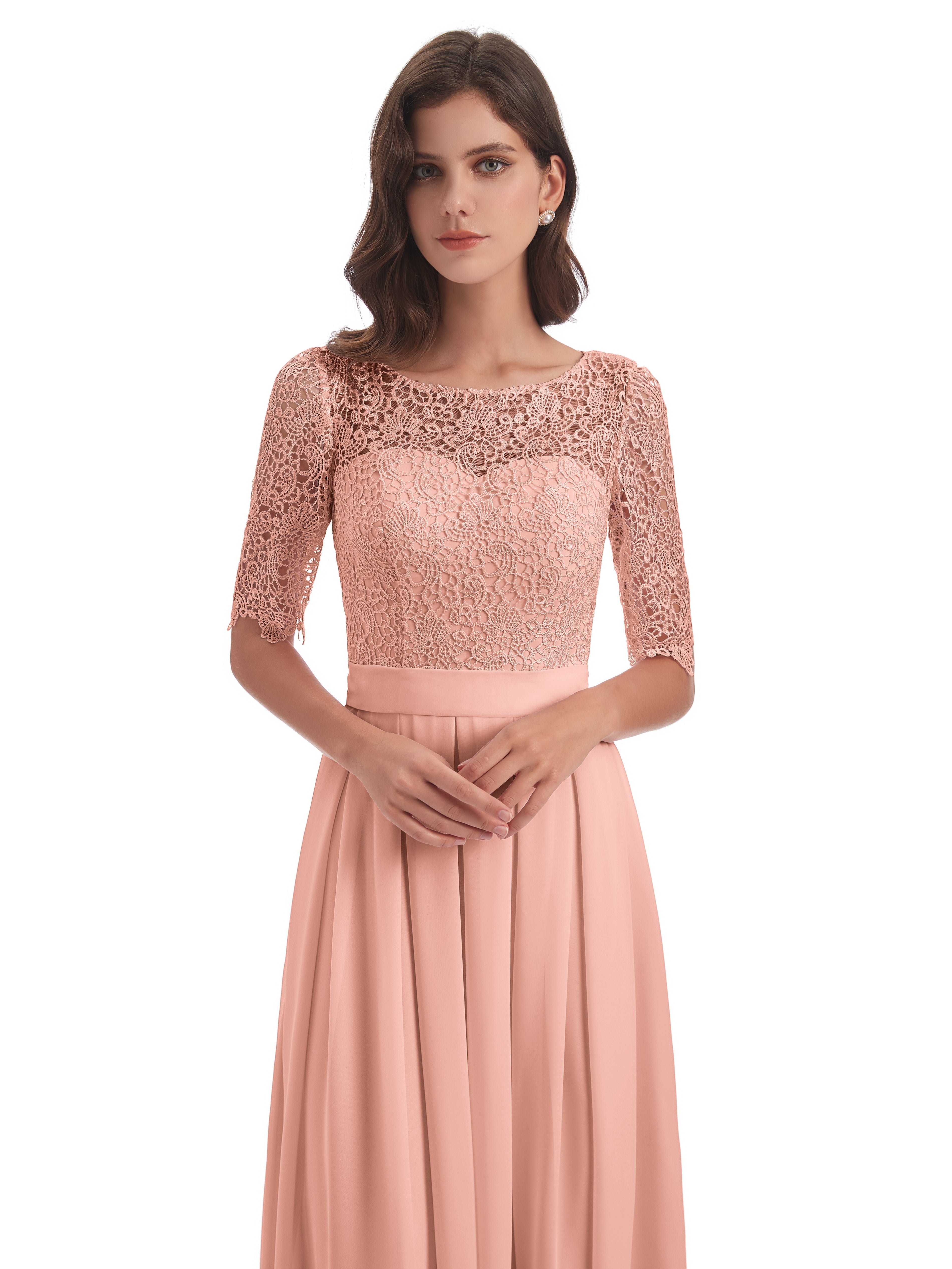 Demoiselle D Honneur Corail Demi Manches Encolure Dégagée Robes Demoiselle D'Honneur
