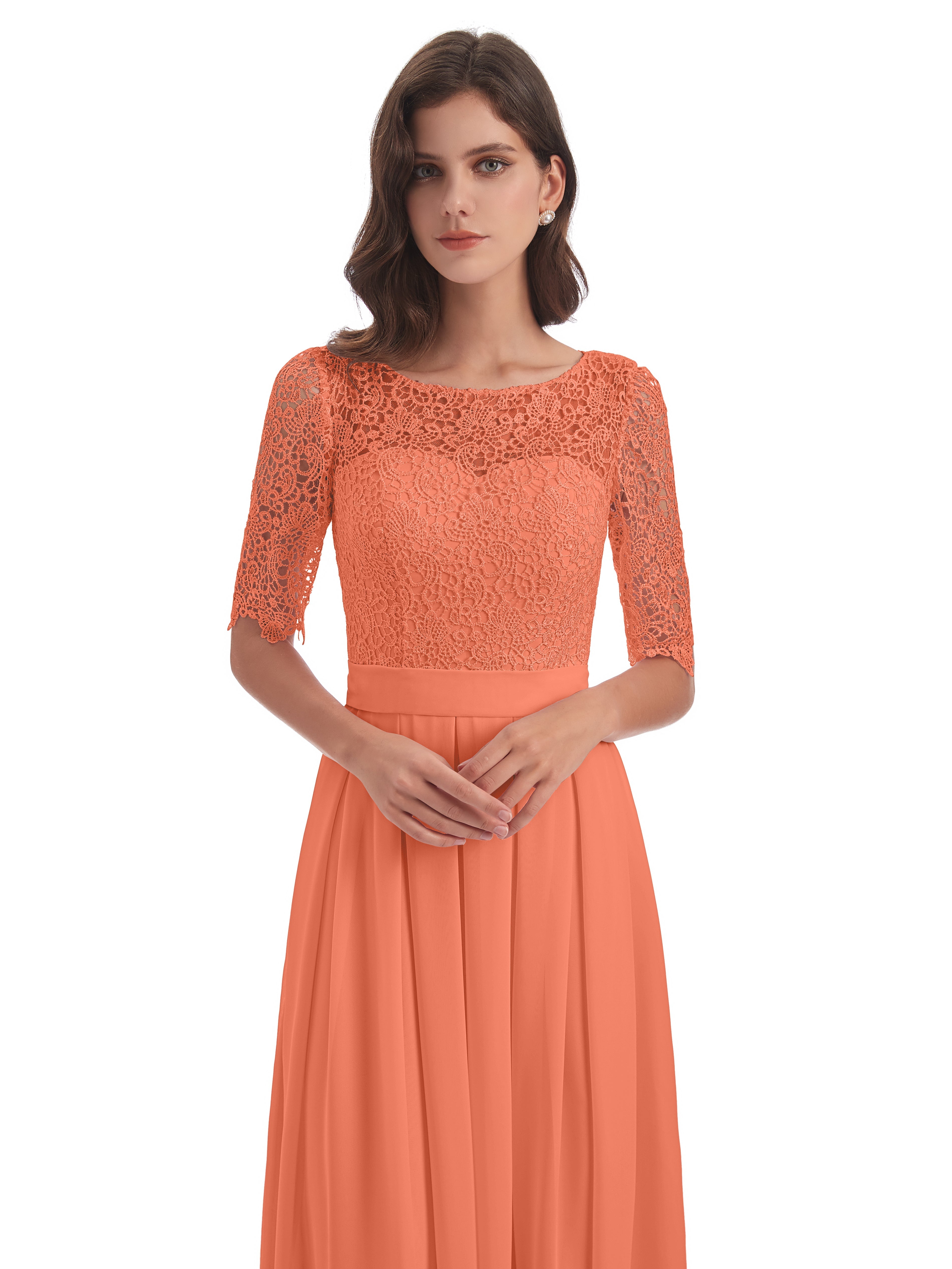 Robes De Demoiselle D'Honneur Coucher De Soleil Demi Manches Encolure Dégagée Robes Demoiselle D'Honneur