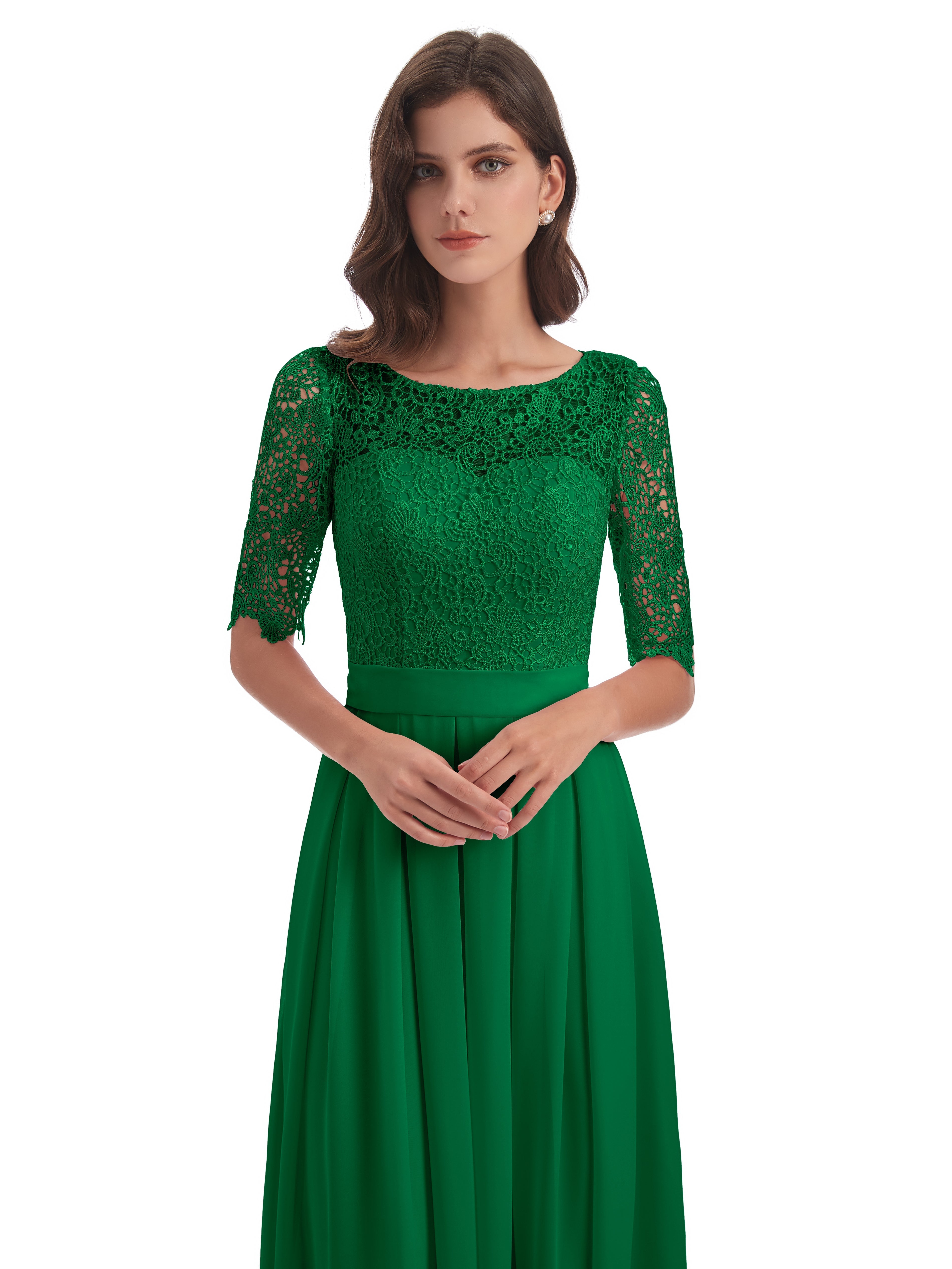 Demoiselle D Honneur Vert Émeraude Demi Manches Encolure Dégagée Robes Demoiselle D'Honneur