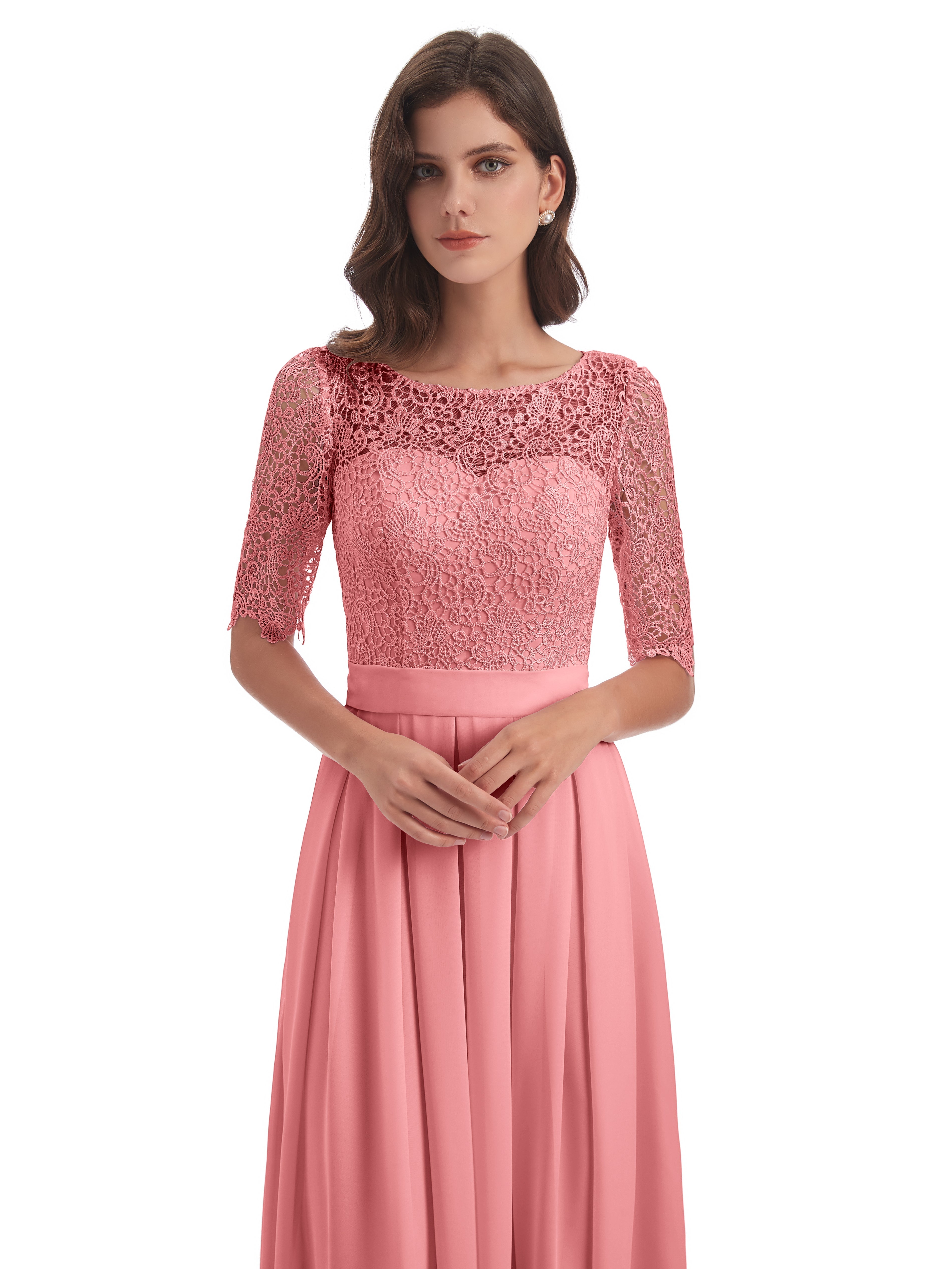 Robes De Demoiselle D'Honneur En Flamant Demi Manches Encolure Dégagée Robes Demoiselle D'Honneur