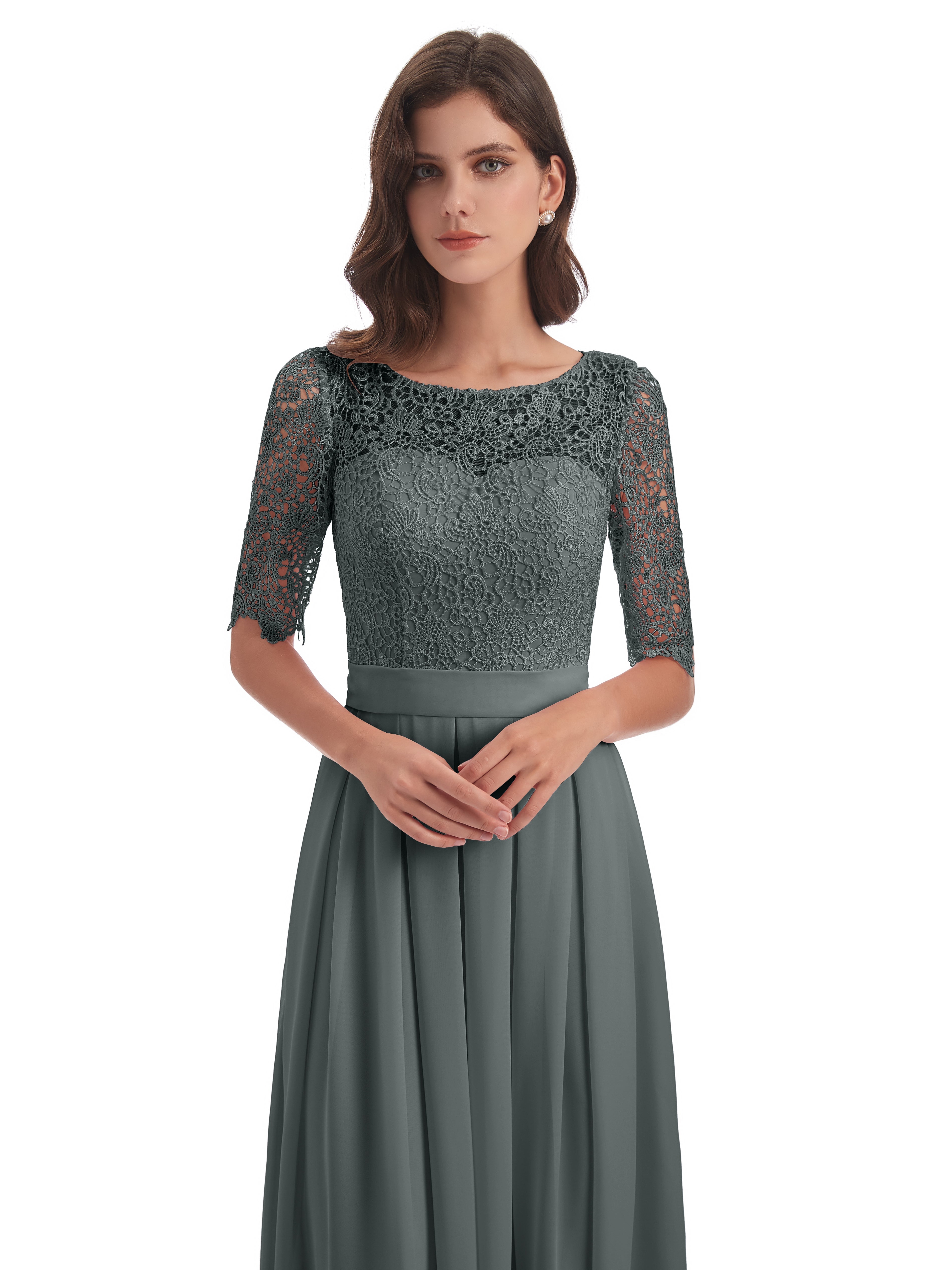 Demoiselle D Honneur Robe Grise Demi Manches Encolure Dégagée Robes Demoiselle D'Honneur