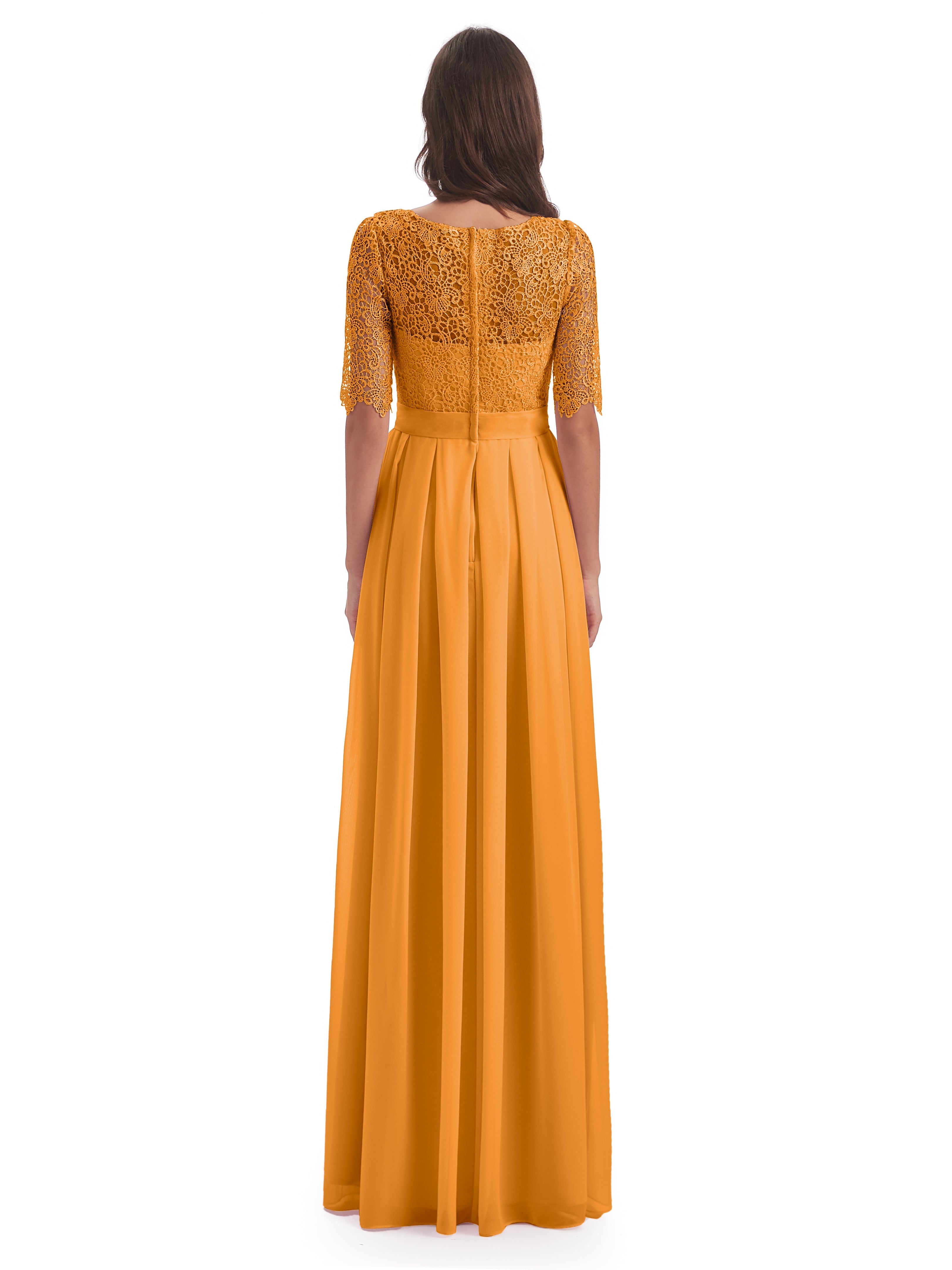 Robes De Demoiselle D'Honneur Mandarine Demi Manches Encolure Dégagée Robes Demoiselle D'Honneur