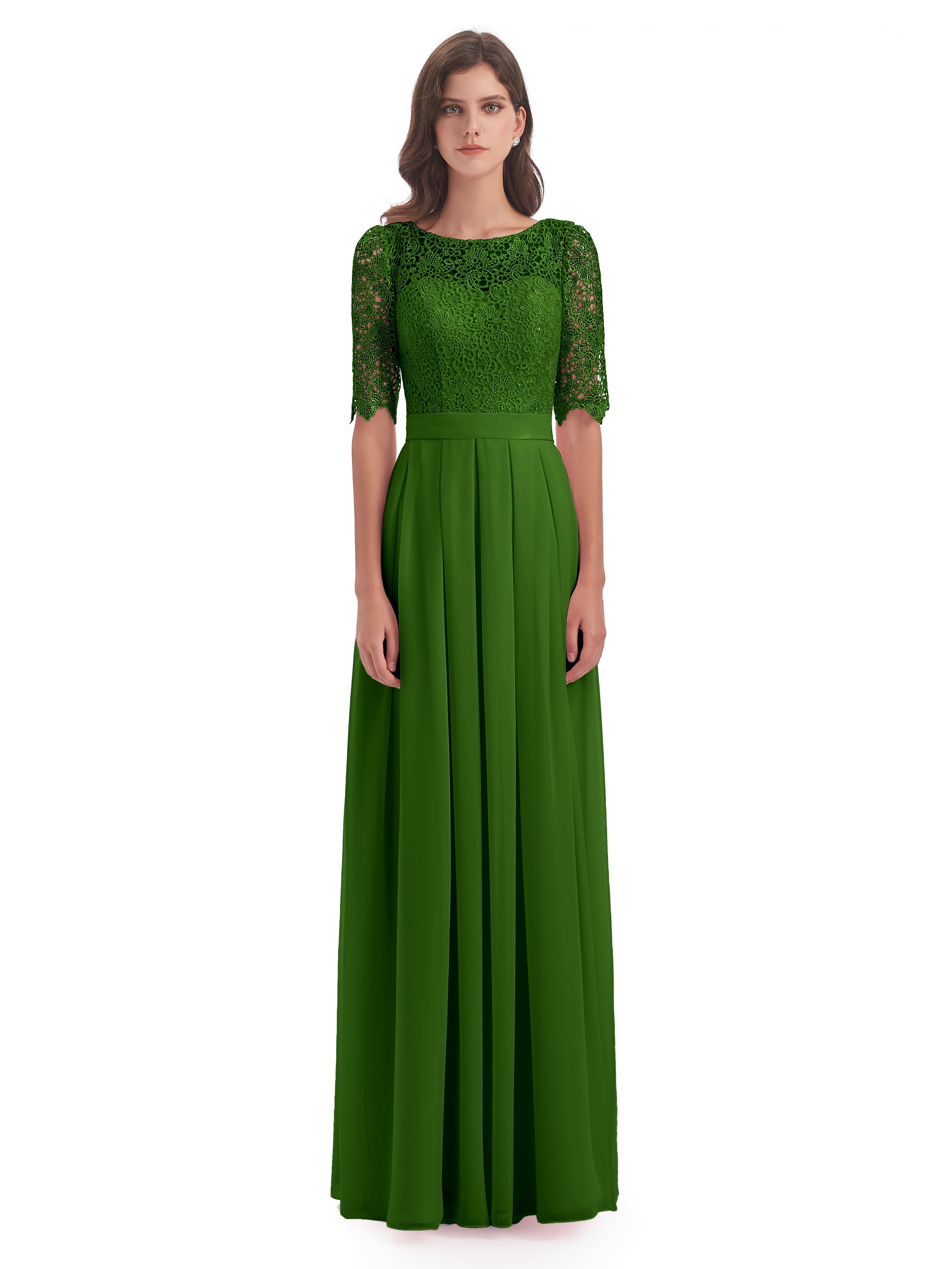 Robes De Demoiselle D'Honneur Vert Mousse Demi Manches Encolure Dégagée Robes Demoiselle D'Honneur