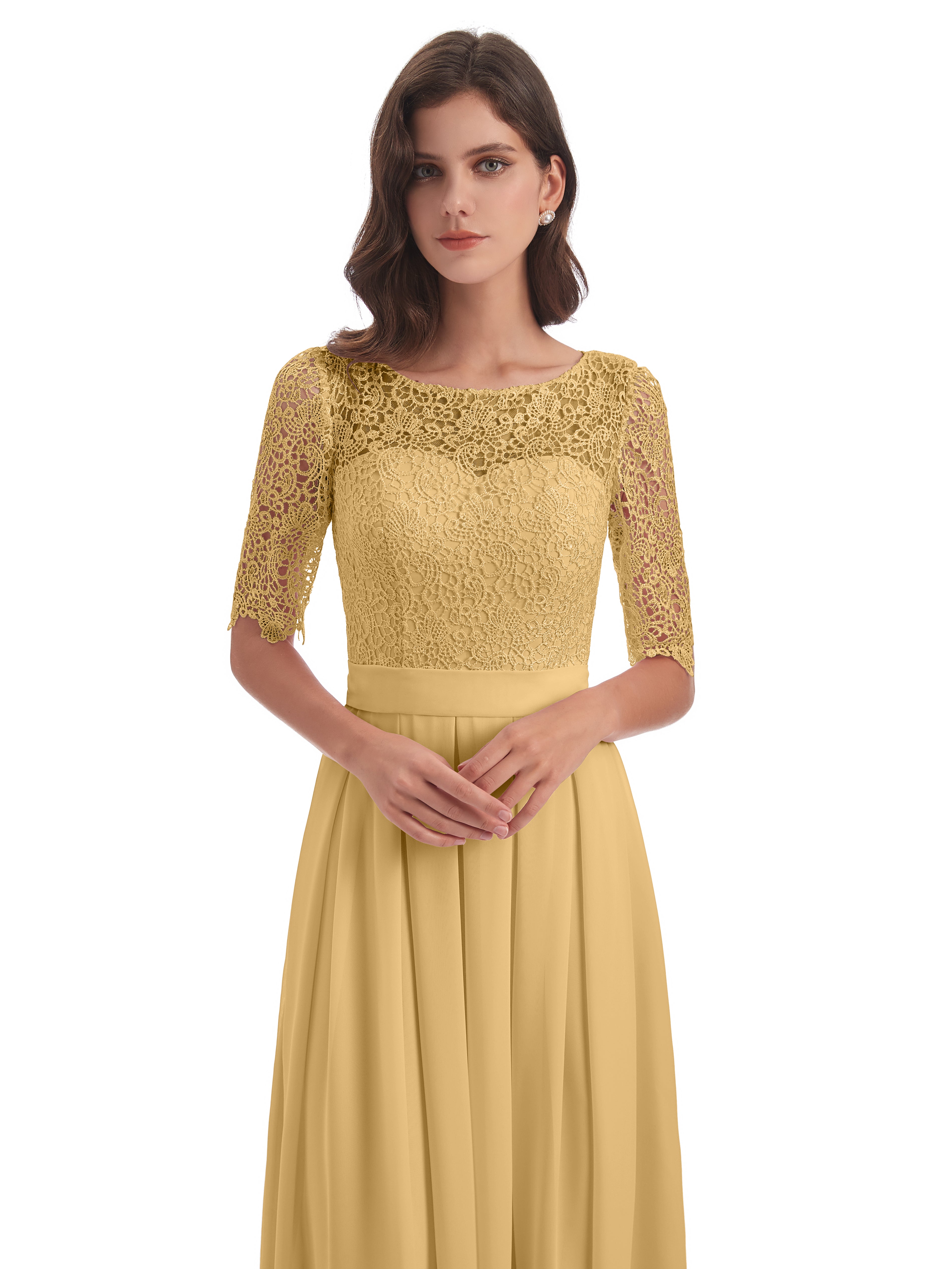 Robe Demoiselle D Honneur Doré Demi Manches Encolure Dégagée Robes Demoiselle D'Honneur