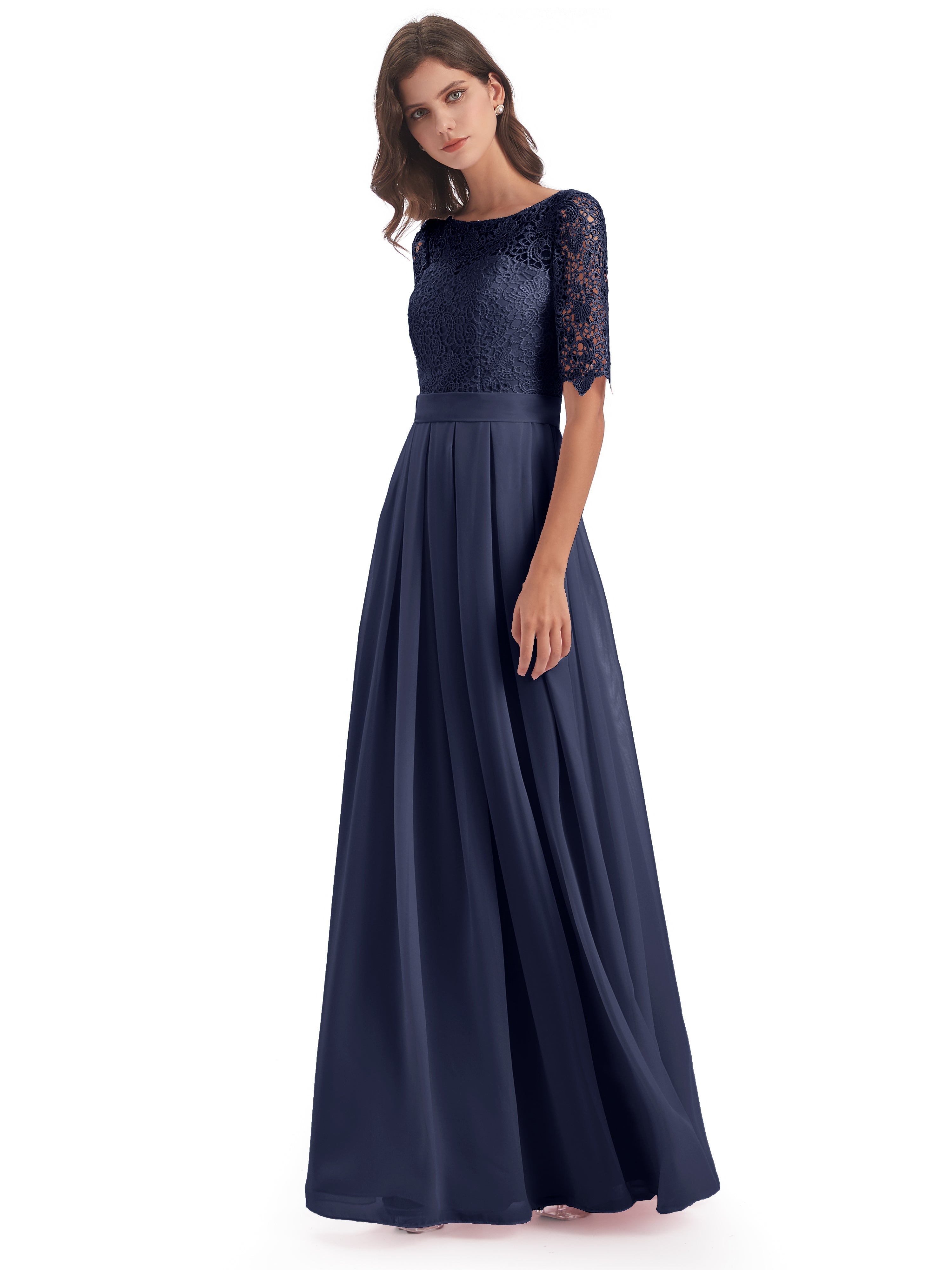 Robes De Demoiselle D'Honneur Bleu Orageux Demi Manches Encolure Dégagée Robes Demoiselle D'Honneur