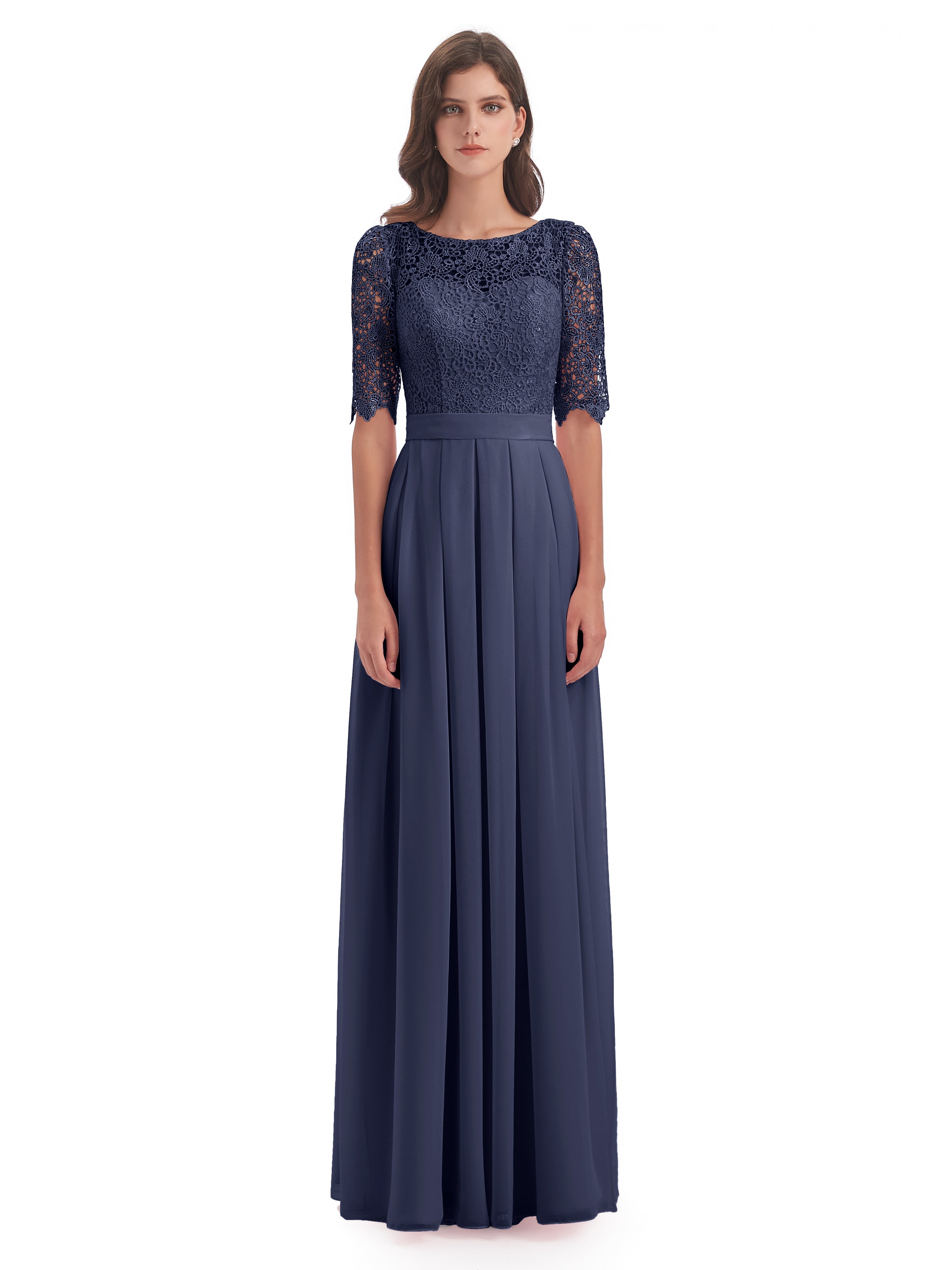 Robes De Demoiselle D'Honneur Bleu Orageux Demi Manches Encolure Dégagée Robes Demoiselle D'Honneur