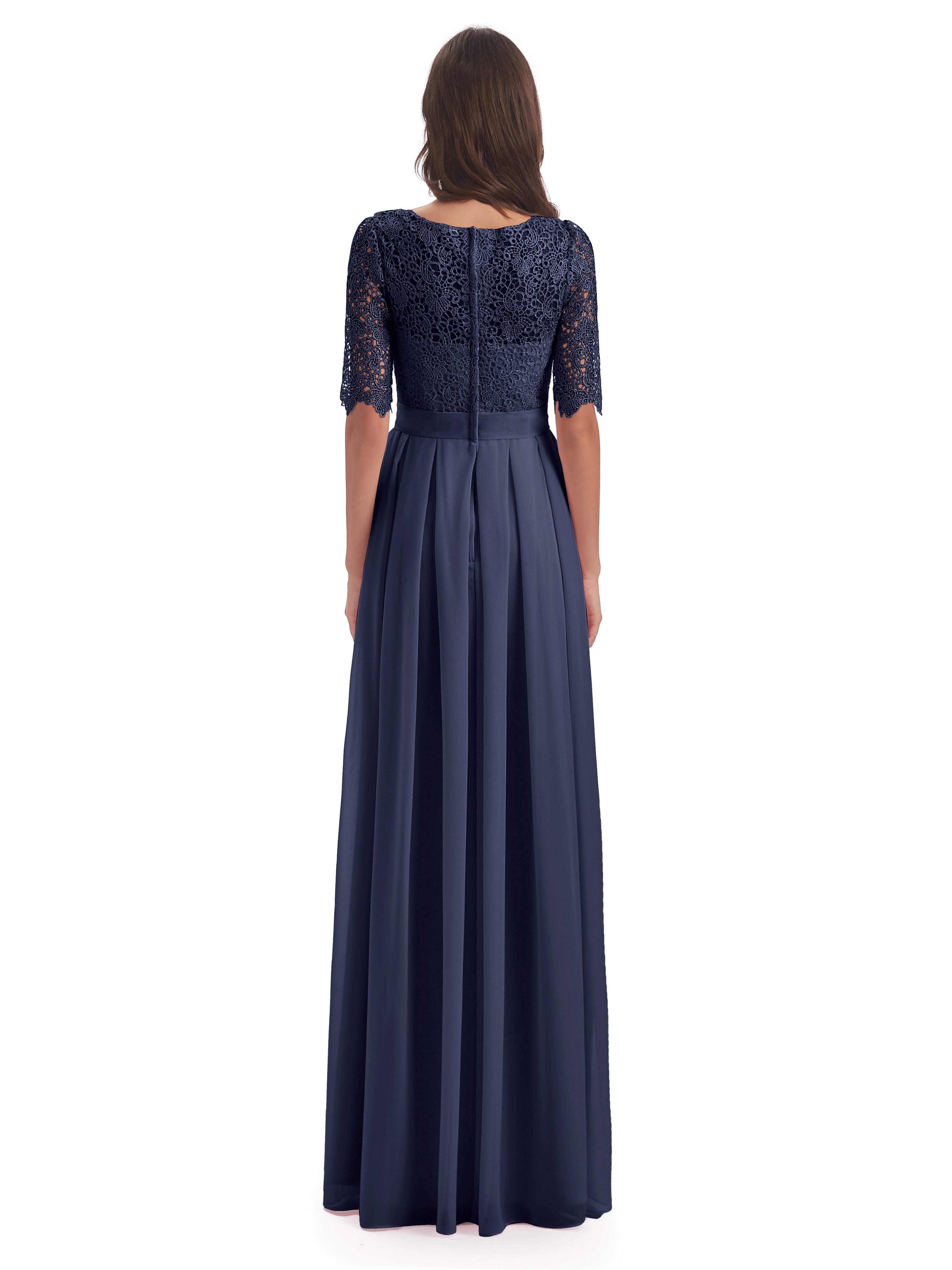 Robes De Demoiselle D'Honneur Bleu Orageux Demi Manches Encolure Dégagée Robes Demoiselle D'Honneur