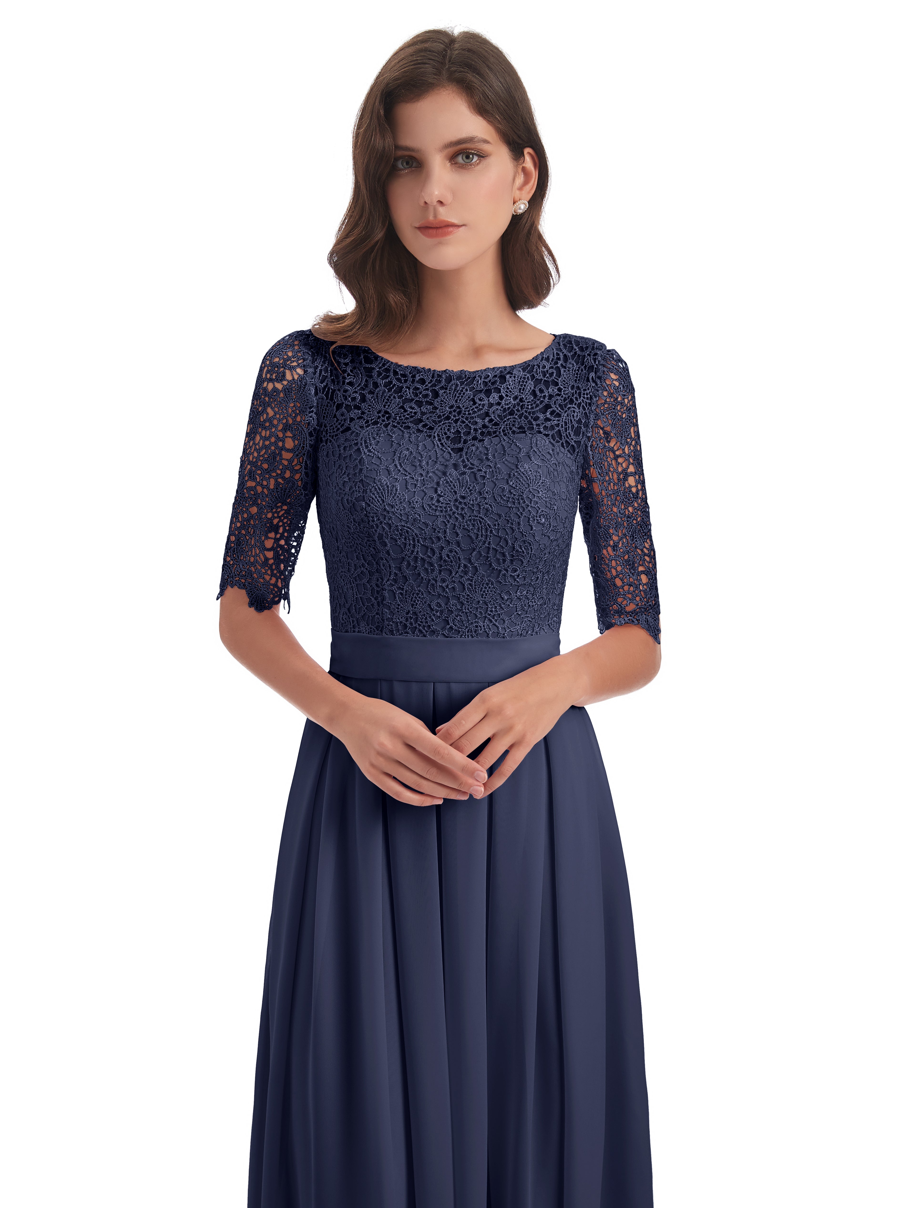 Robes De Demoiselle D'Honneur Bleu Orageux Demi Manches Encolure Dégagée Robes Demoiselle D'Honneur