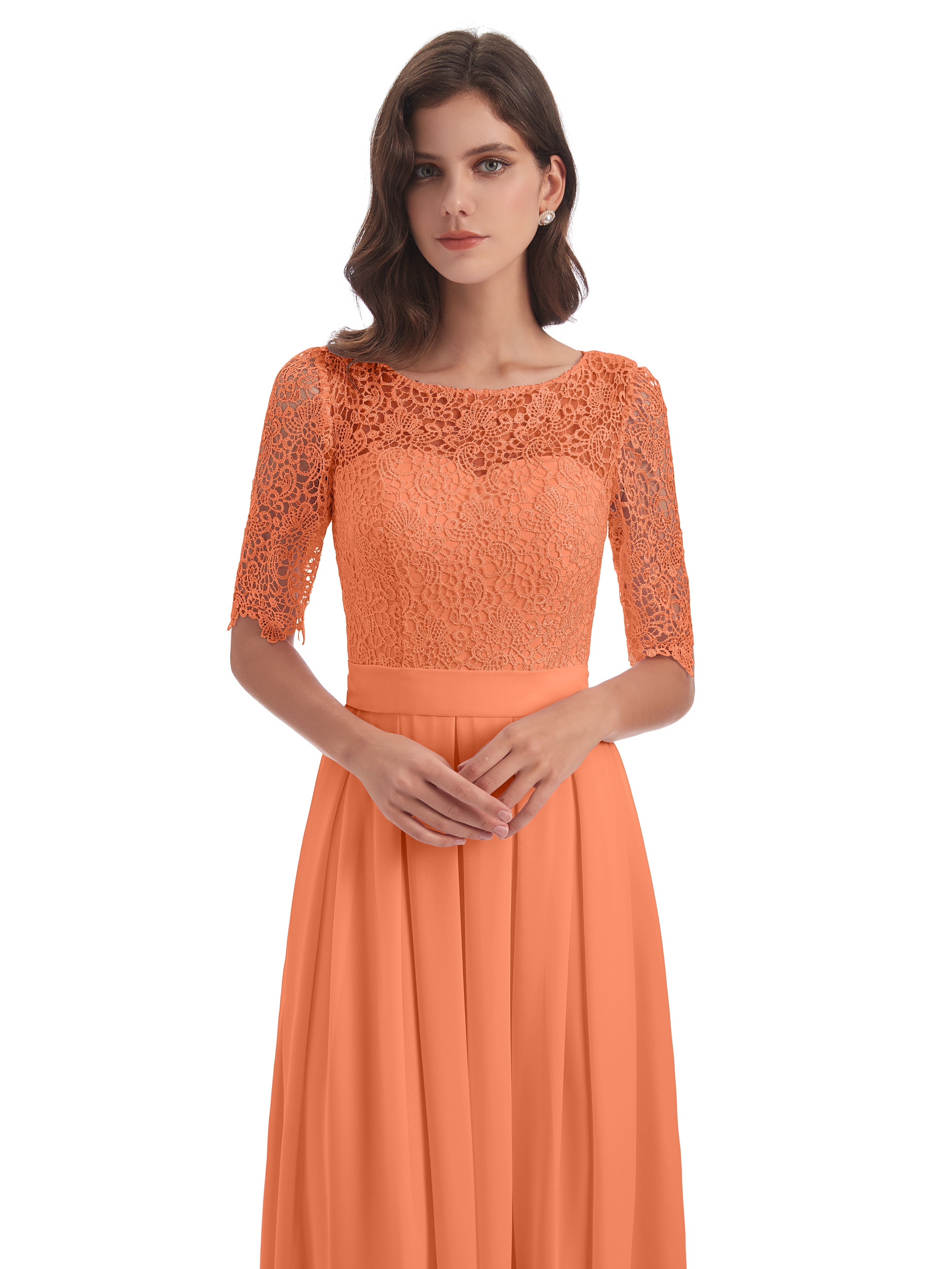 Robes De Demoiselle D'Honneur Papaye Demi Manches Encolure Dégagée Robes Demoiselle D'Honneur