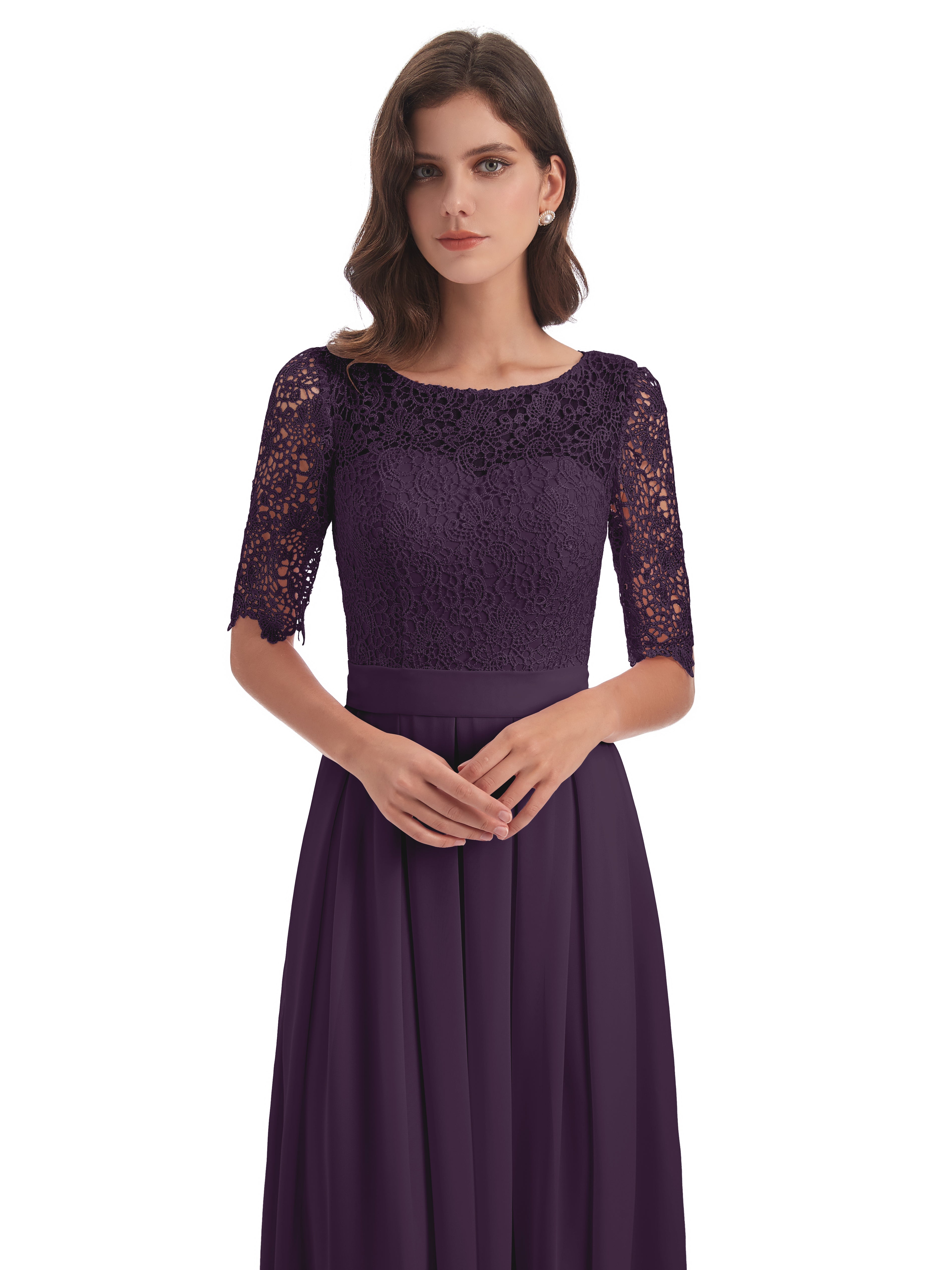Robe De Demoiselle D'Honneur En Plum Demi Manches Encolure Dégagée Robes Demoiselle D'Honneur