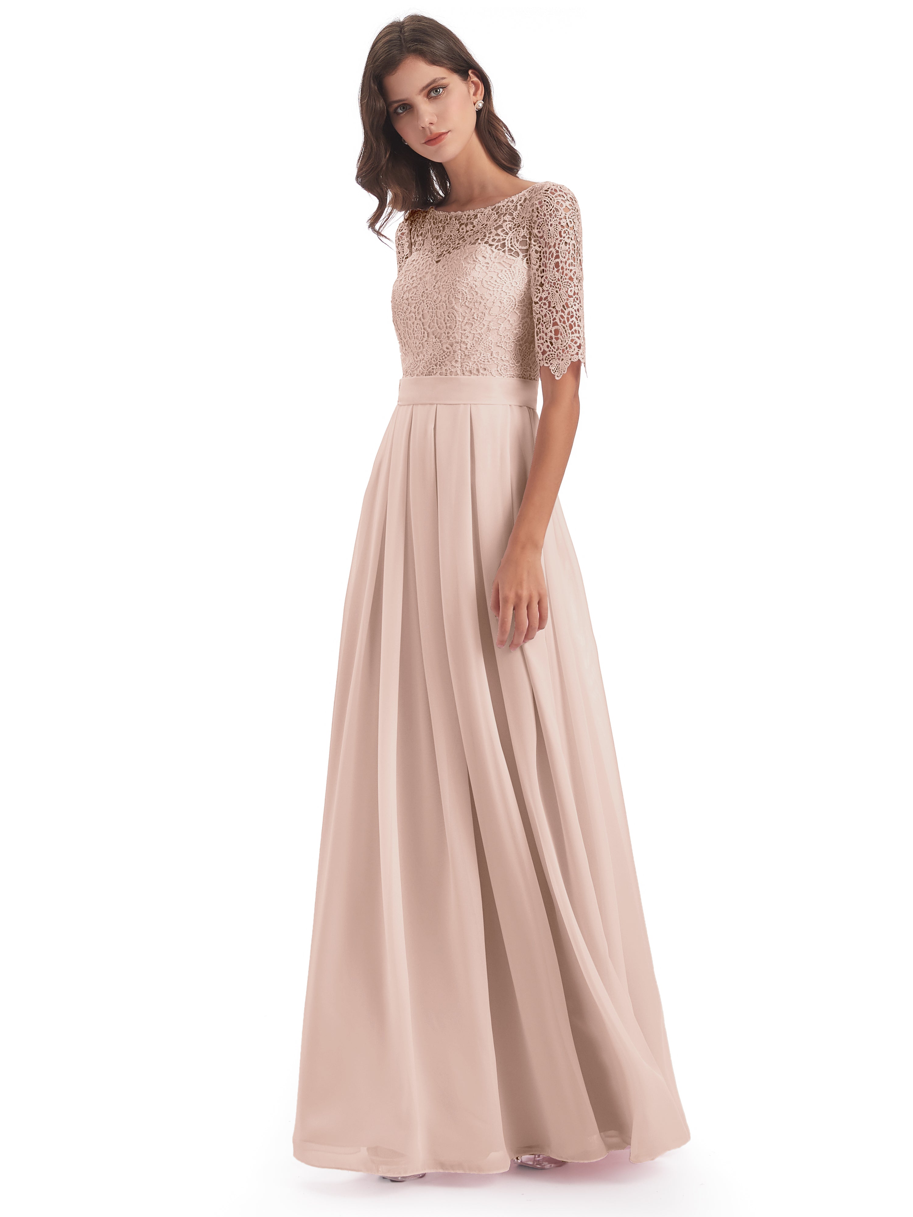 Robe De Demoiselle D'Honneur En Perles Demi Manches Encolure Dégagée Robes Demoiselle D'Honneur