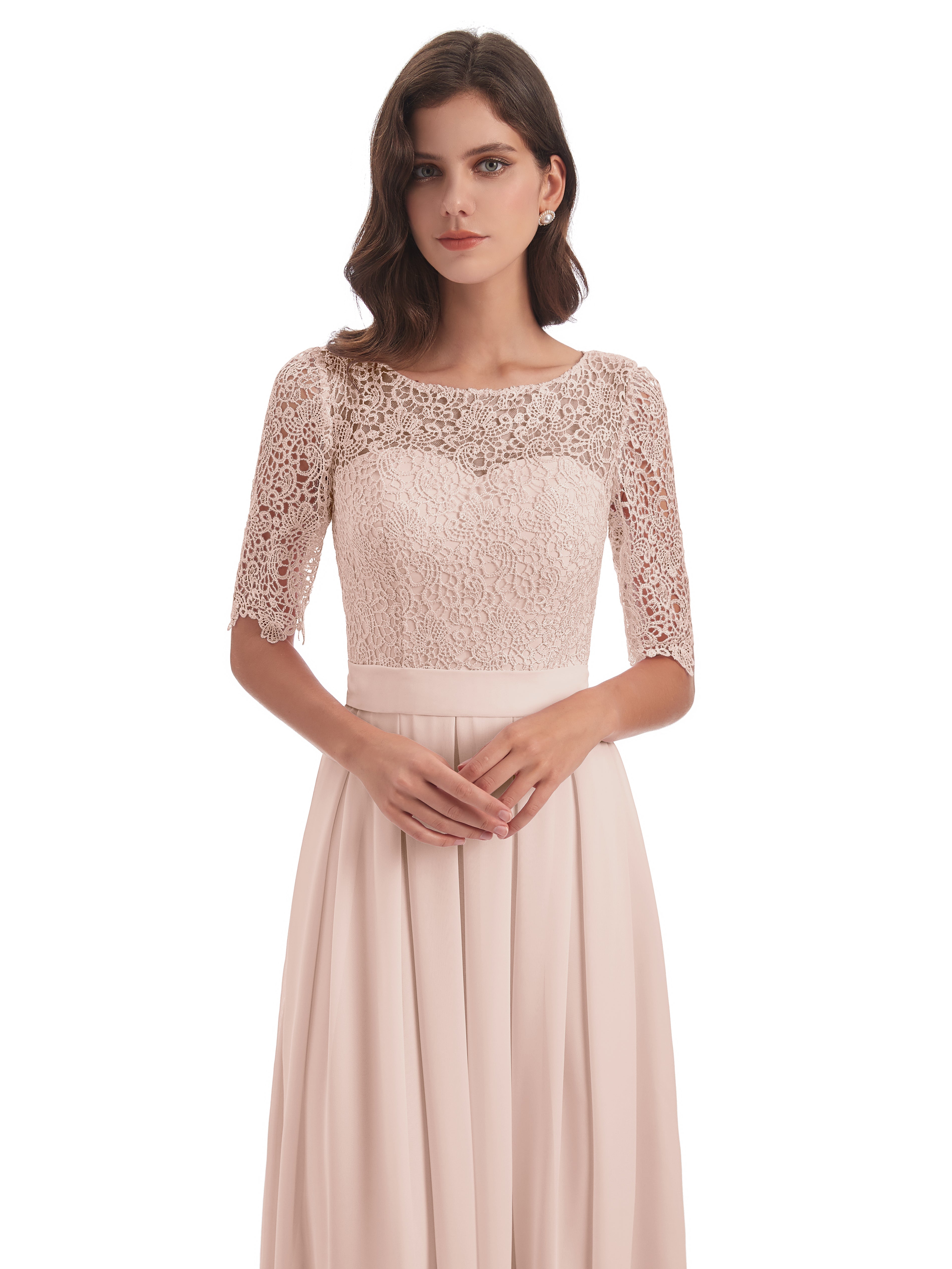Robe De Demoiselle D'Honneur En Perles Demi Manches Encolure Dégagée Robes Demoiselle D'Honneur
