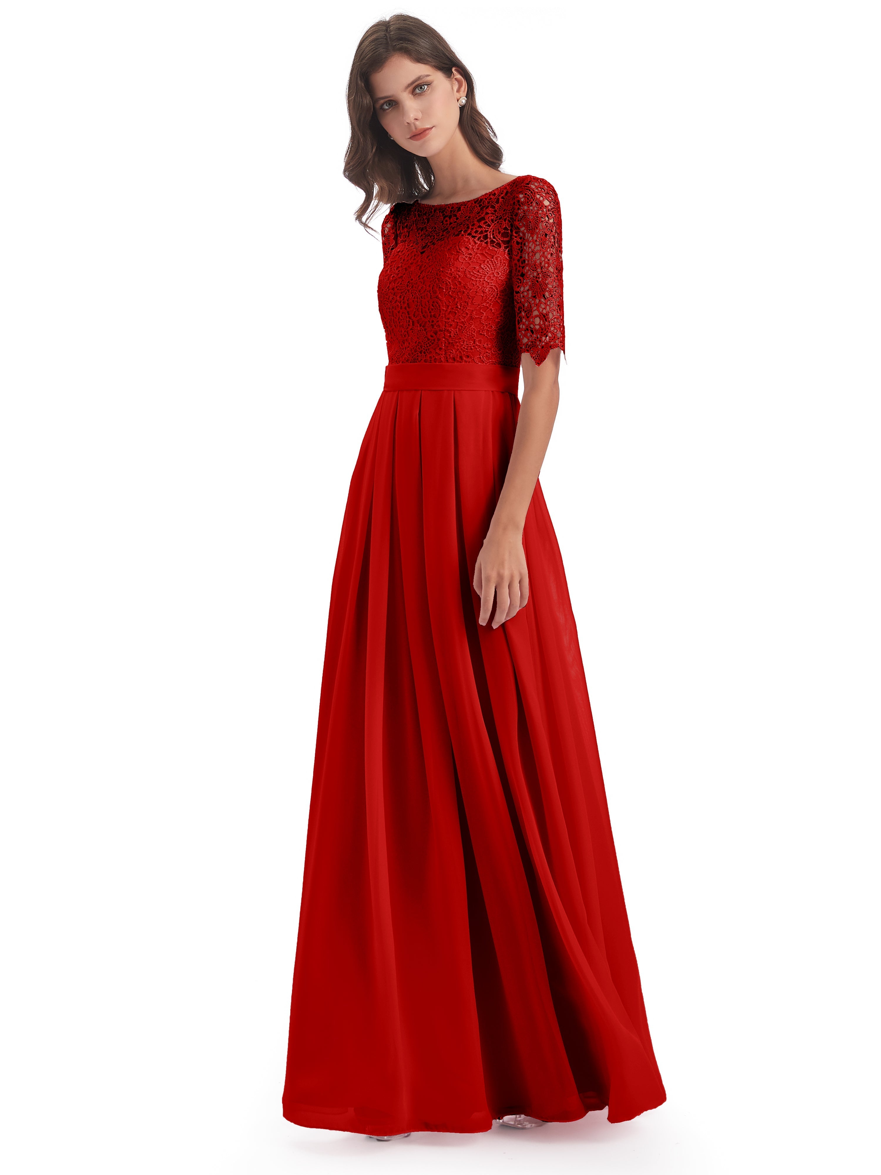 Robe Demoiselle Dhonneur Rouge Demi Manches Encolure Dégagée Robes Demoiselle D'Honneur