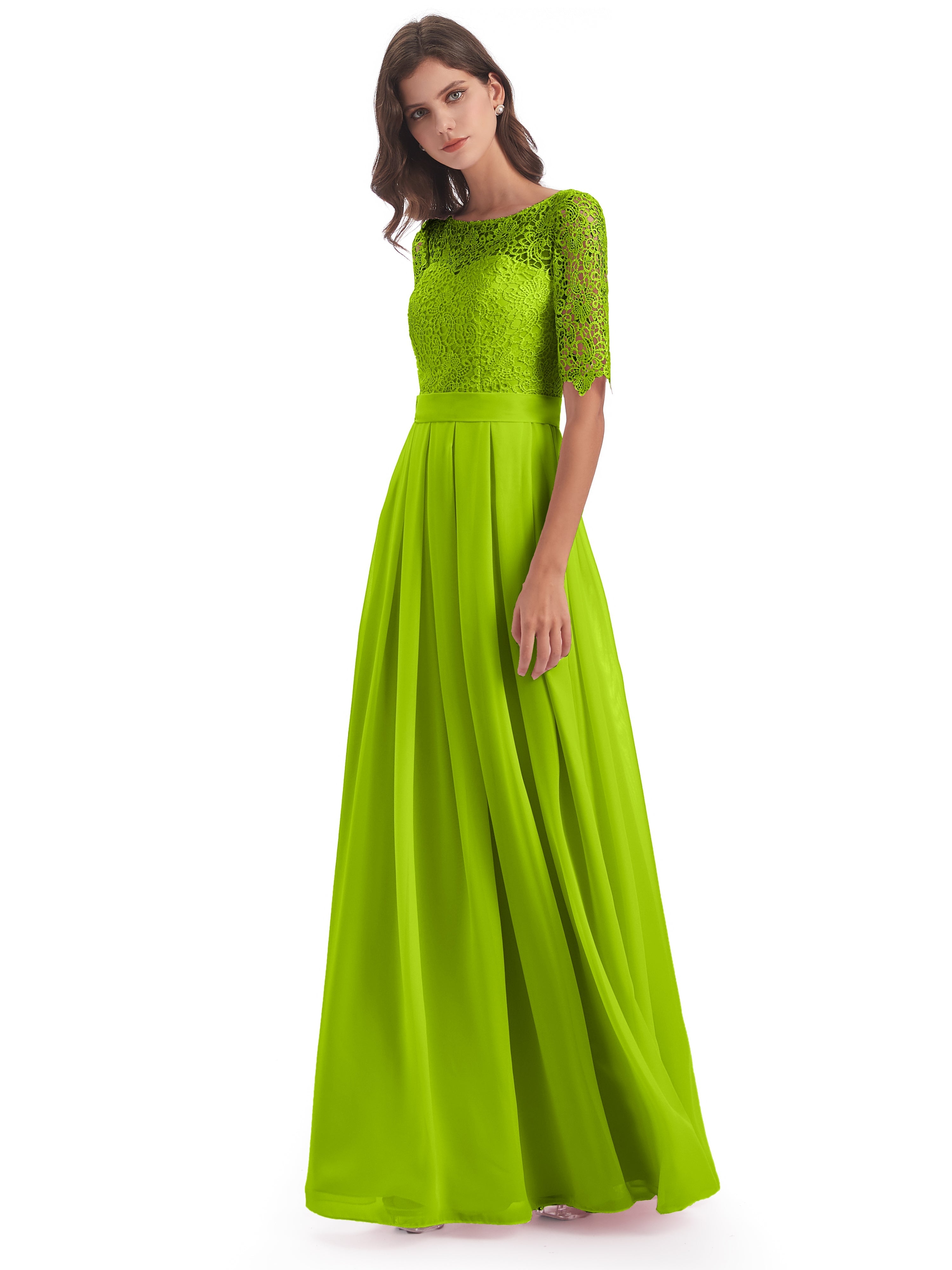 Robes De Demoiselle D'Honneur Vert Citron Demi Manches Encolure Dégagée Robes Demoiselle D'Honneur