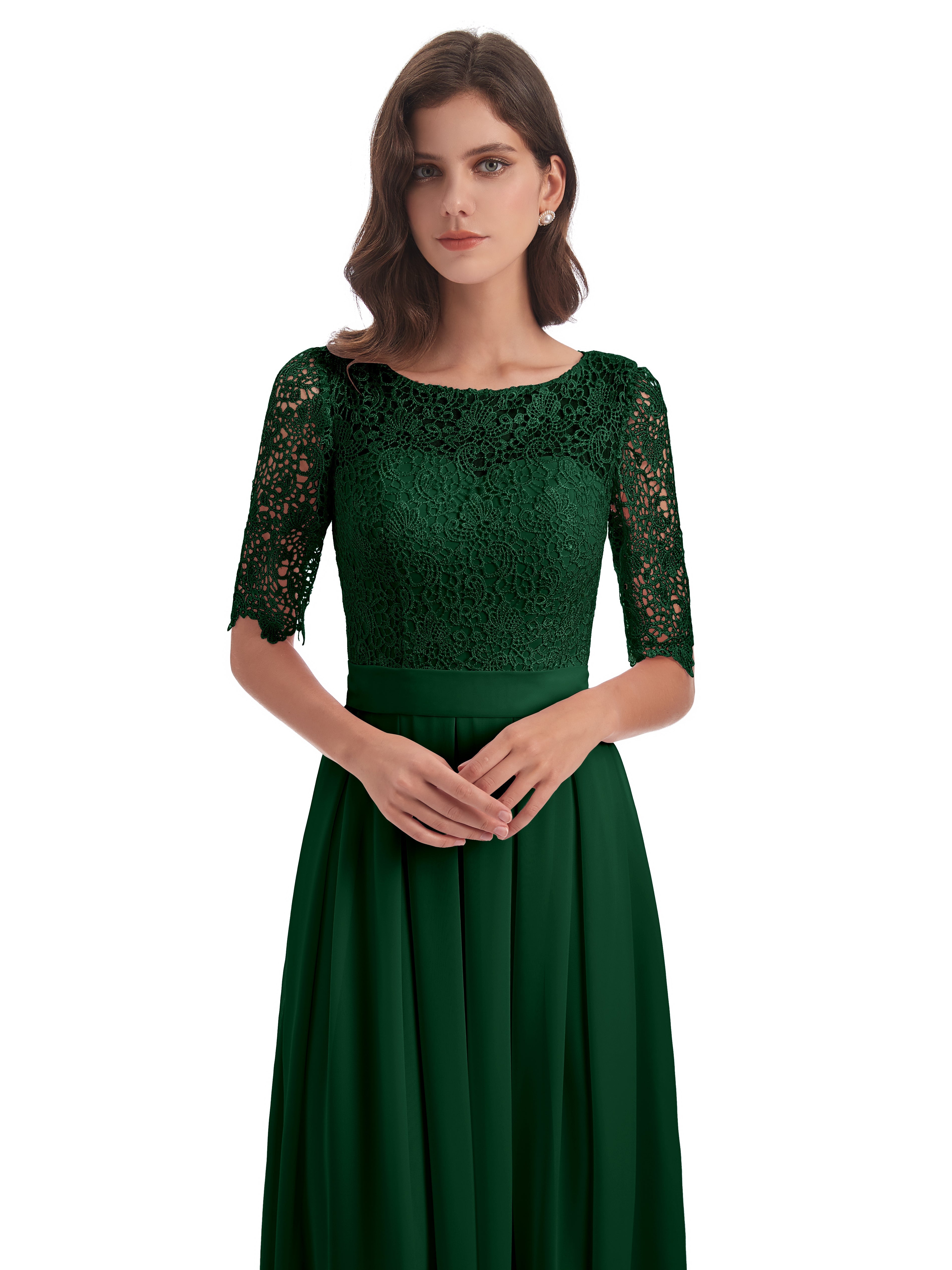 Demoiselle D'Honneur Vert Foncé Demi Manches Encolure Dégagée Robes Demoiselle D'Honneur