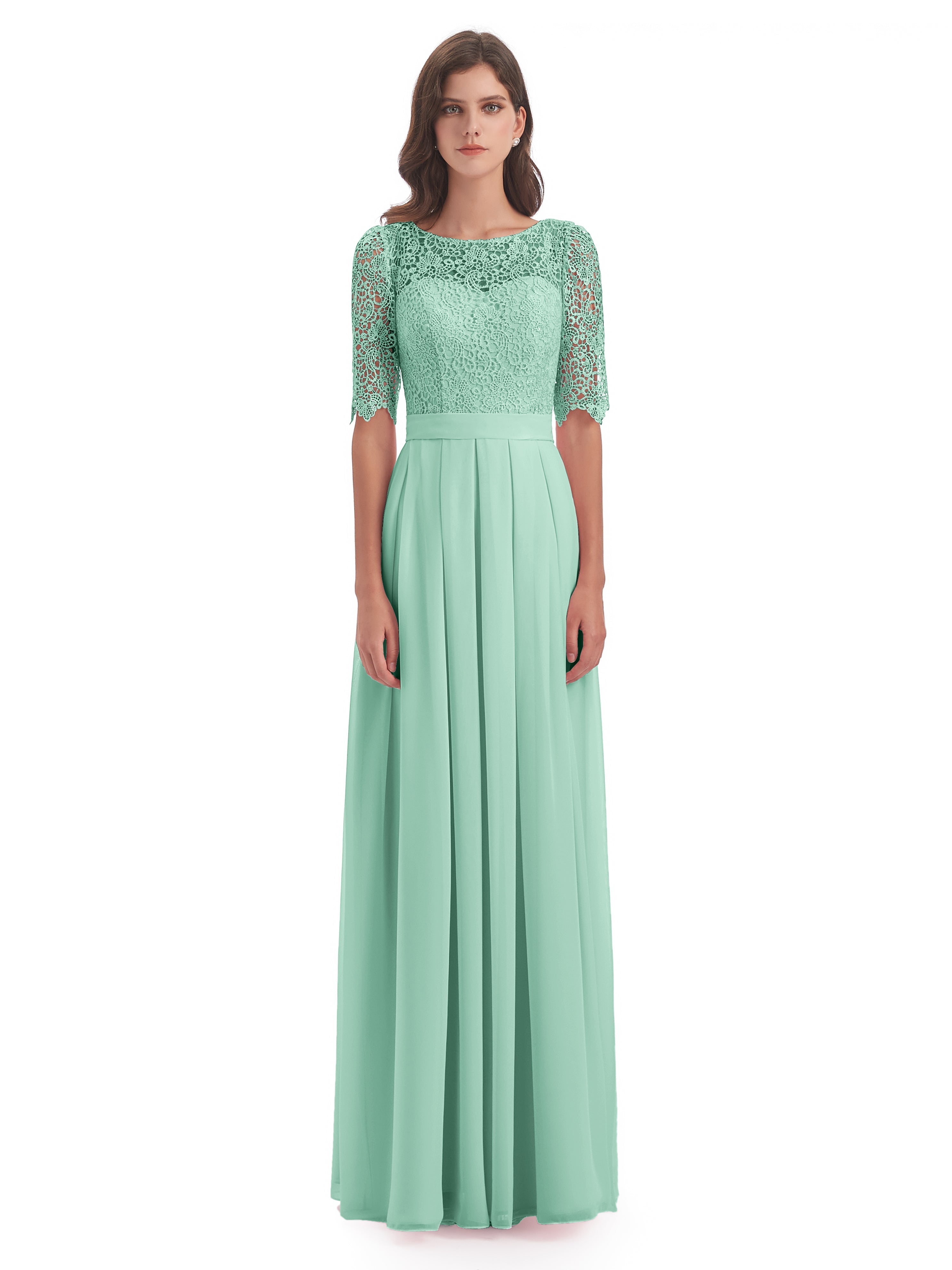 Robe Vert Menthe Demoiselle D Honneur Demi Manches Encolure Dégagée Robes Demoiselle D'Honneur