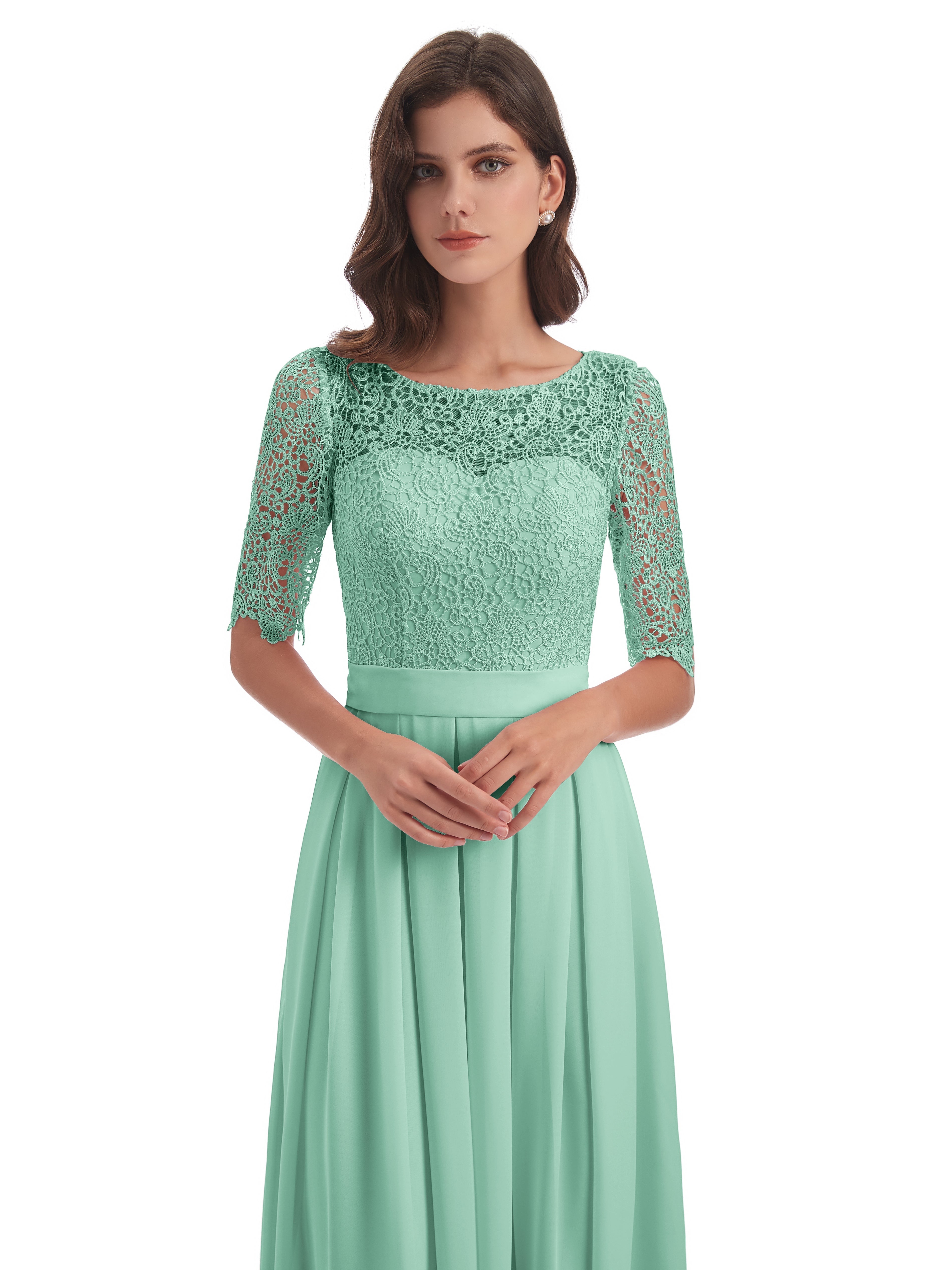 Robe Vert Menthe Demoiselle D Honneur Demi Manches Encolure Dégagée Robes Demoiselle D'Honneur