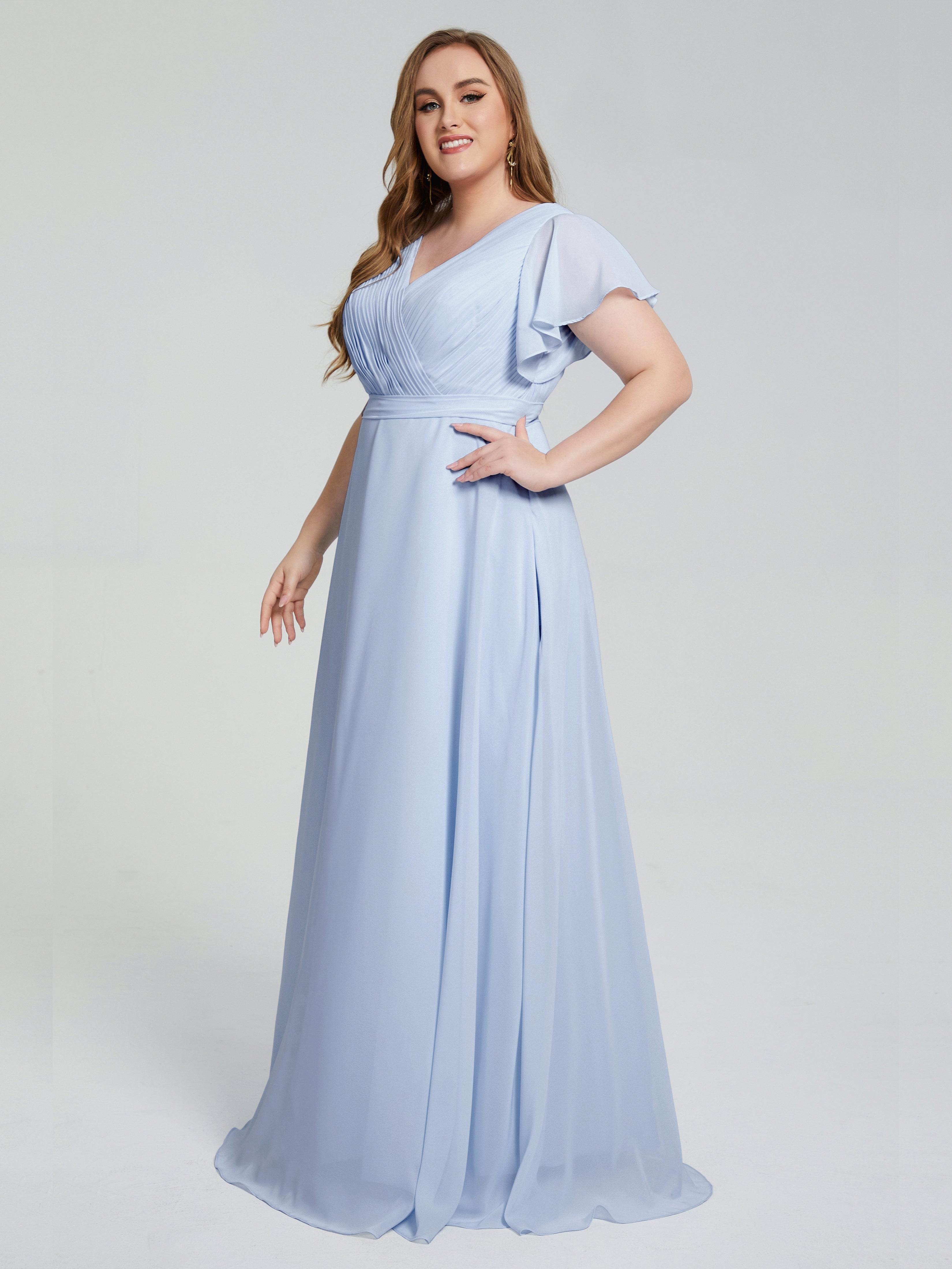 Robes De Demoiselle D'Honneur Bleu Ciel Manches Courtes Mousseline Robes Demoiselle D'Honneur