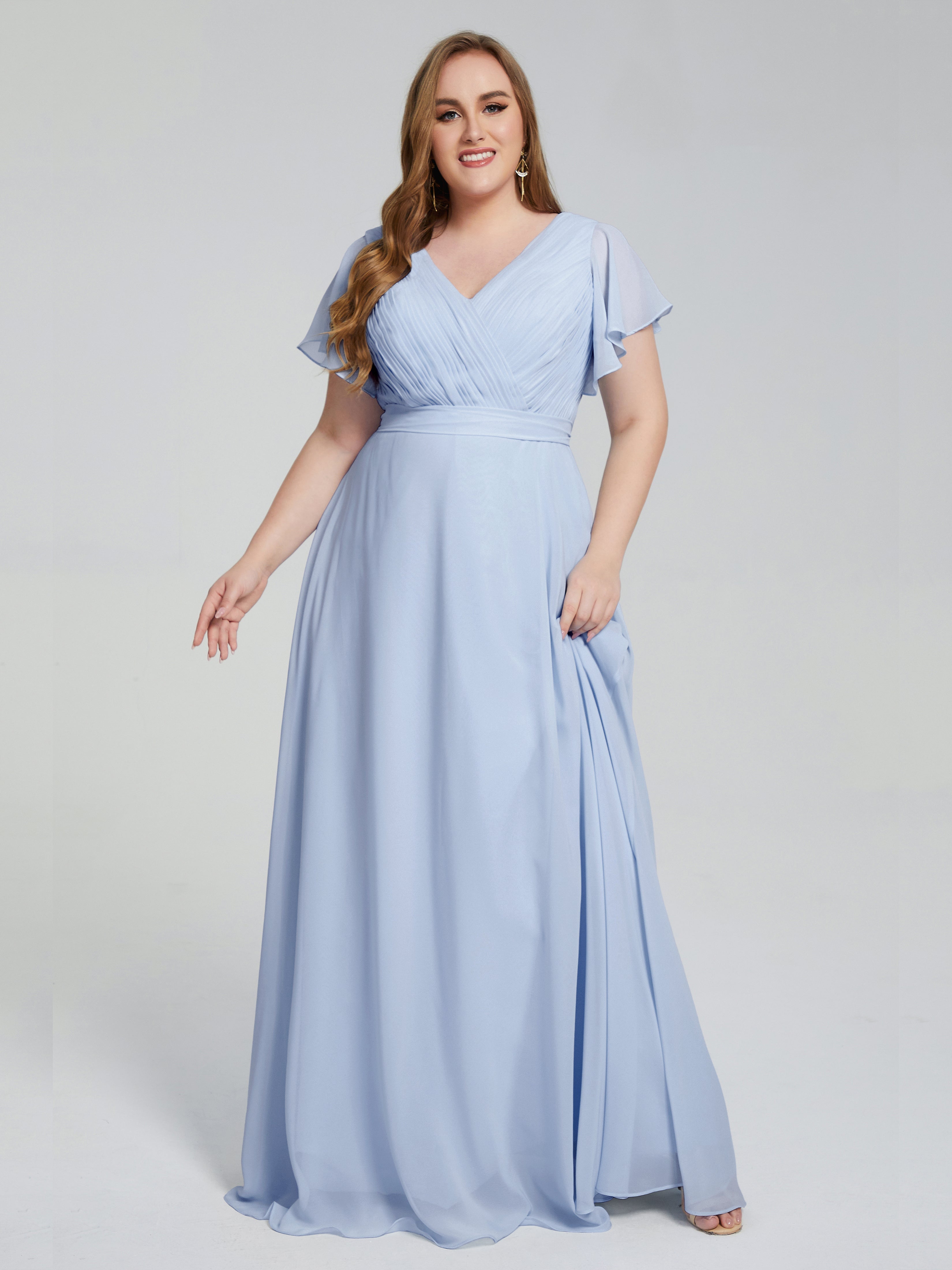 Robes De Demoiselle D'Honneur Bleu Ciel Manches Courtes Mousseline Robes Demoiselle D'Honneur