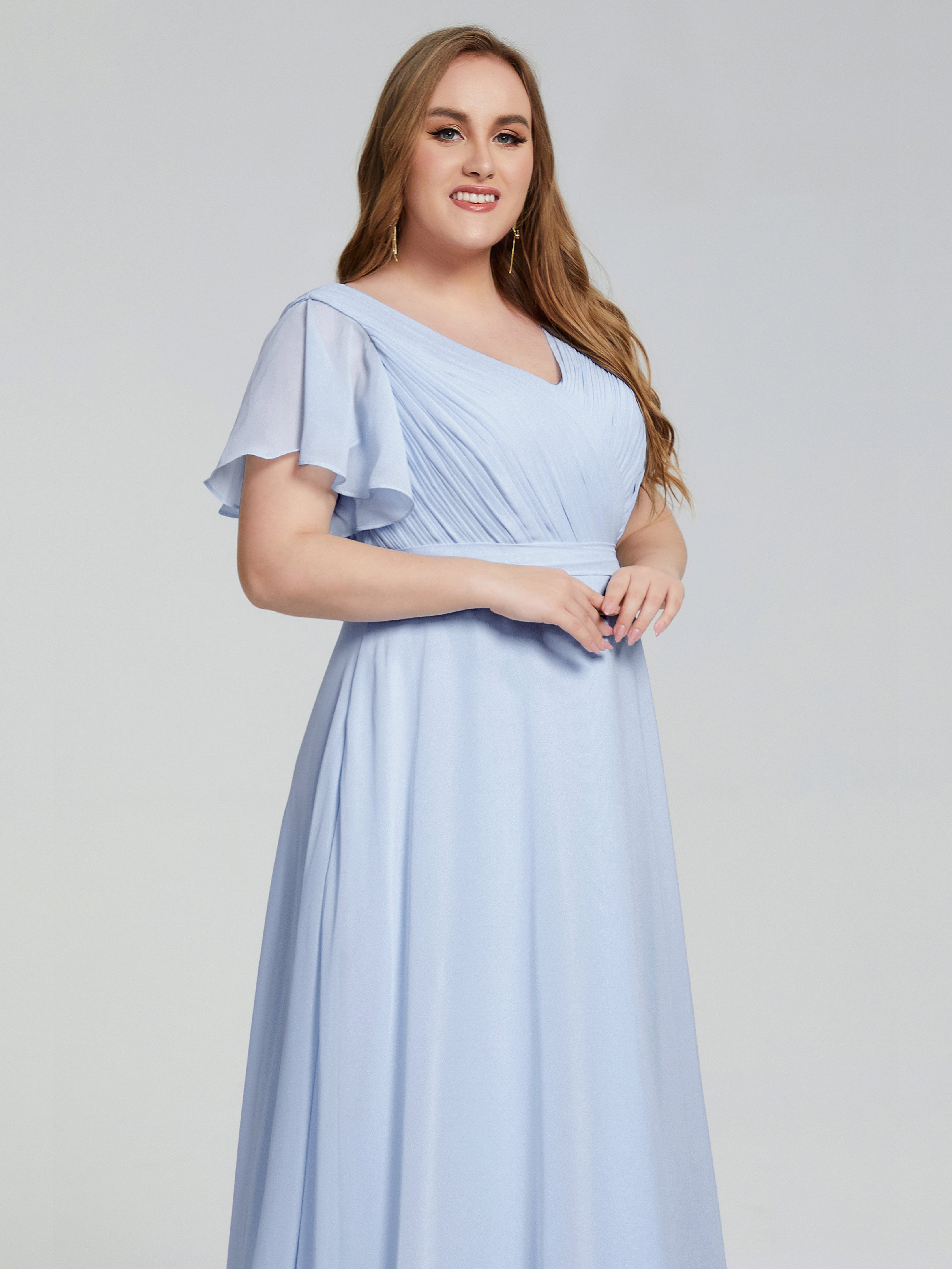 Robes De Demoiselle D'Honneur Bleu Ciel Manches Courtes Mousseline Robes Demoiselle D'Honneur