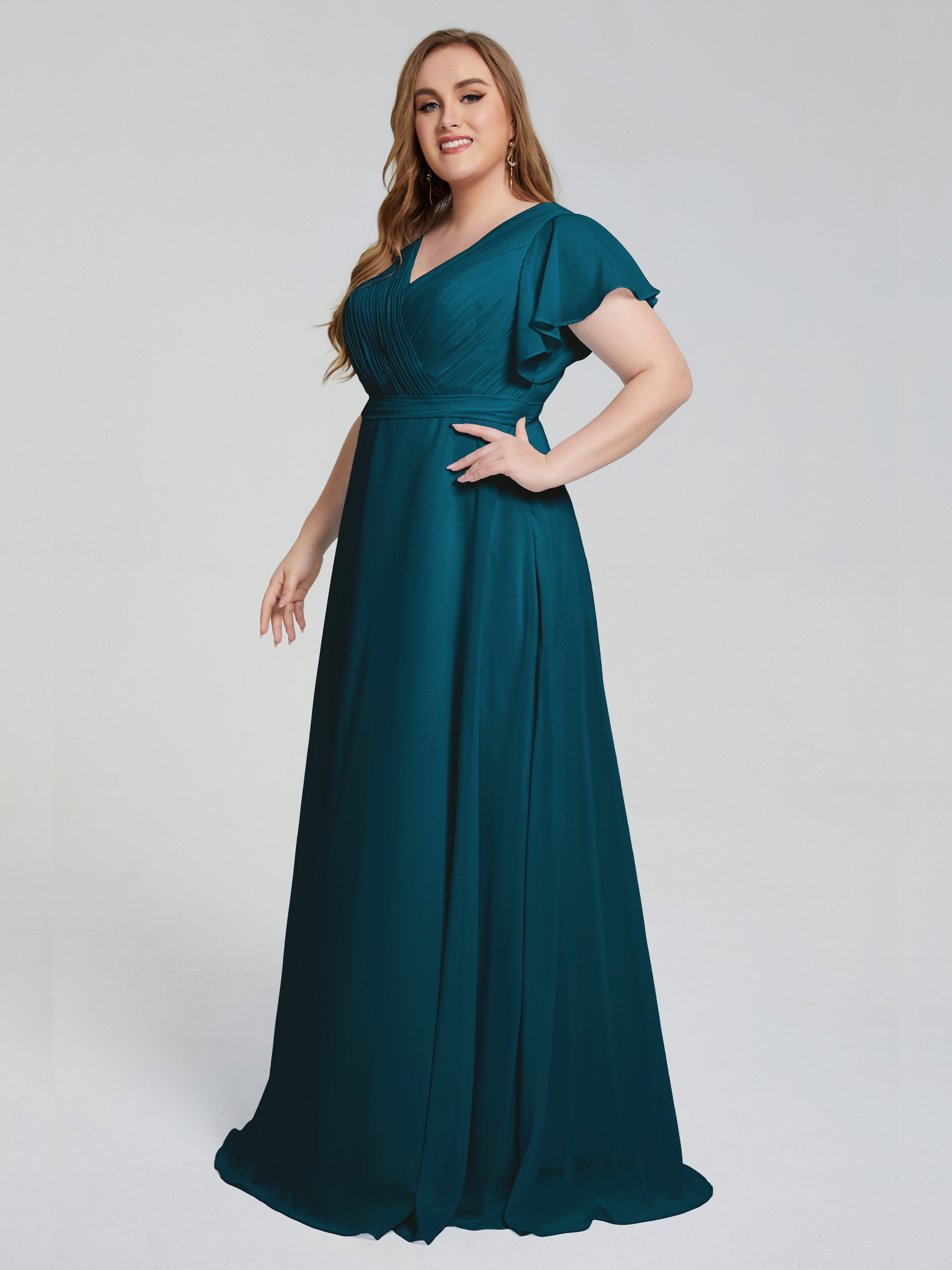 Robe De Demoiselle D'Honneur Bleu Encre Manches Courtes Mousseline Robes Demoiselle D'Honneur