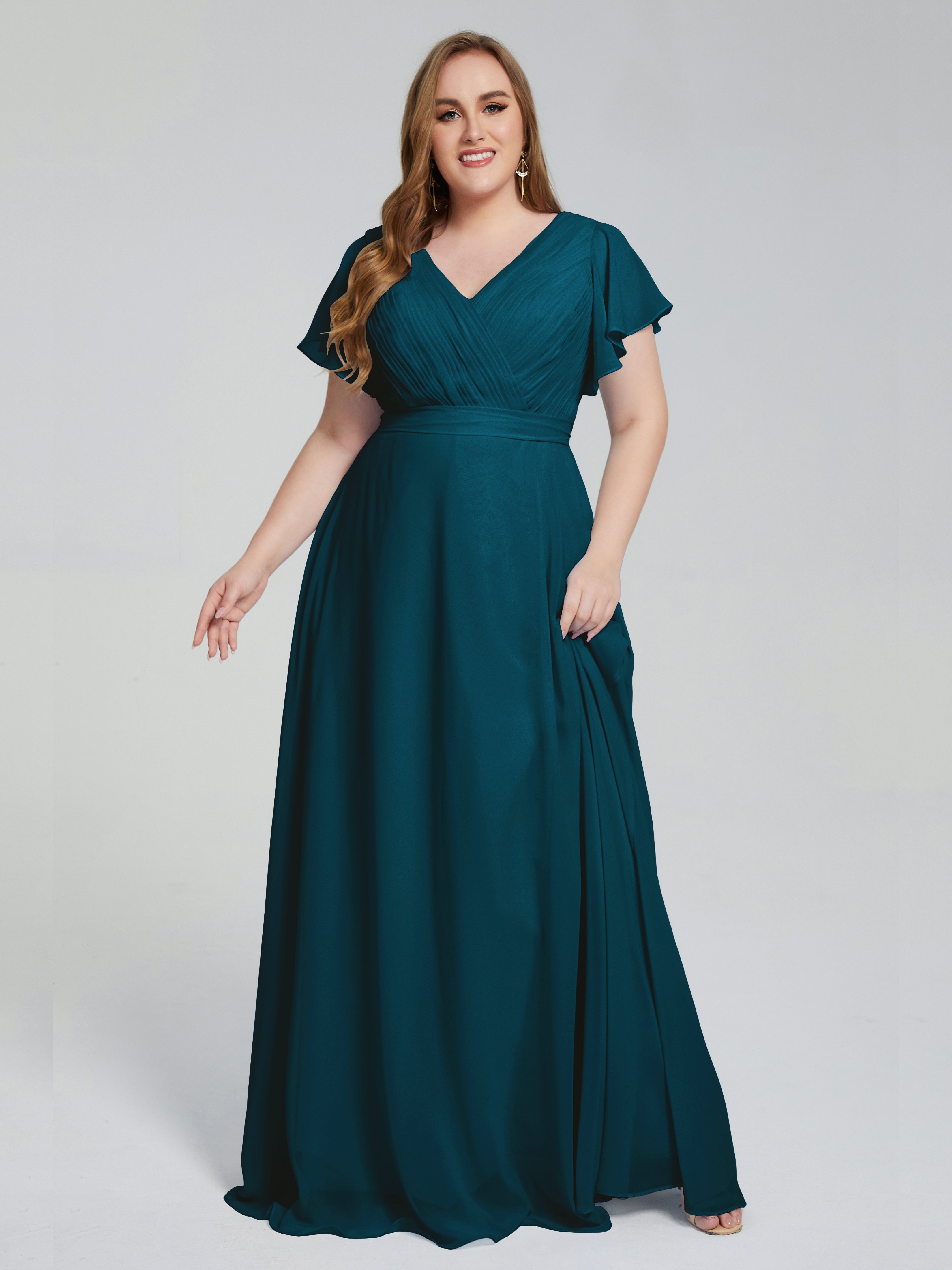 Robe De Demoiselle D'Honneur Bleu Encre Manches Courtes Mousseline Robes Demoiselle D'Honneur