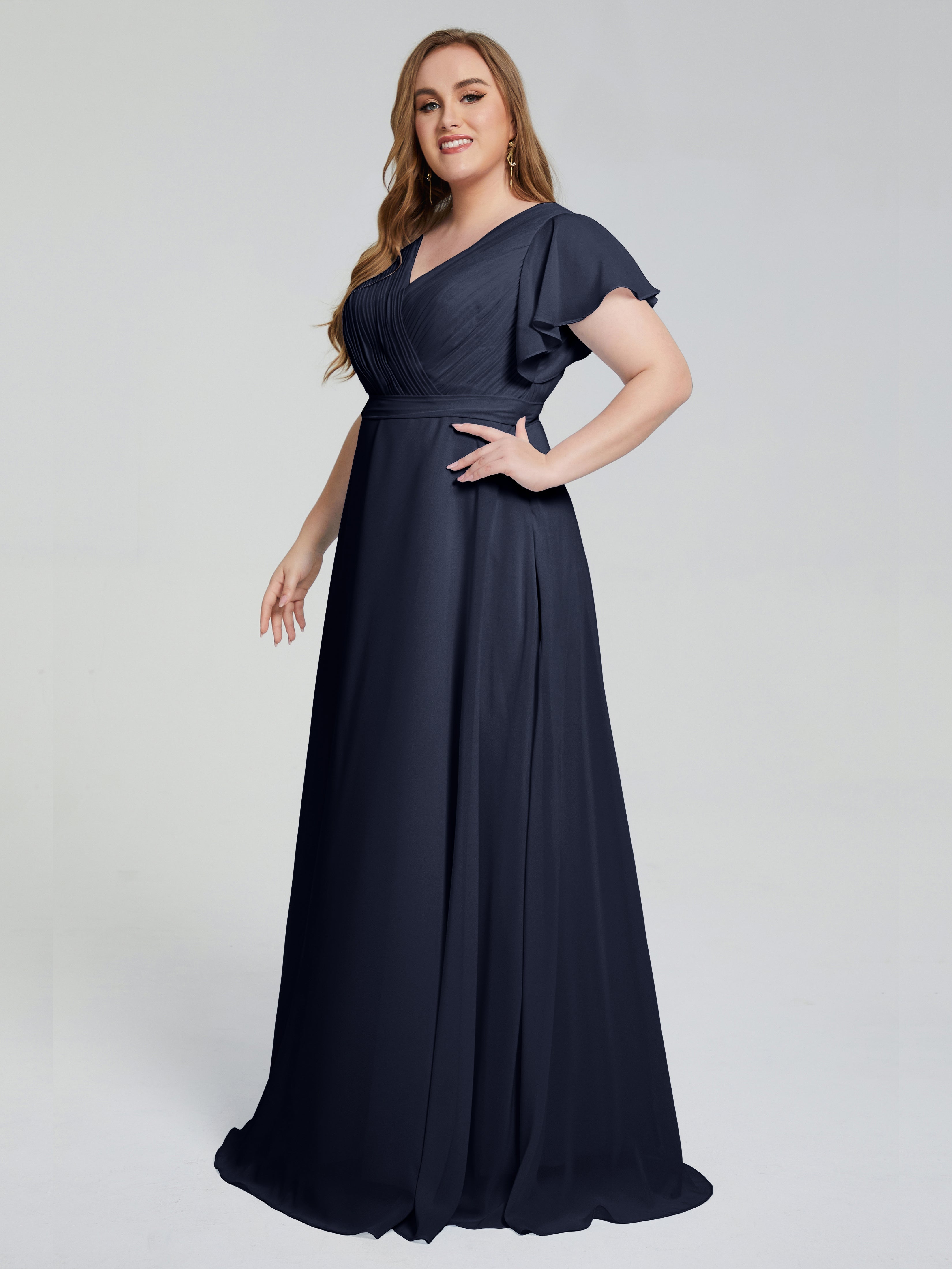 Demoiselle D'Honneur Bleu Marine Manches Courtes Mousseline Robes Demoiselle D'Honneur