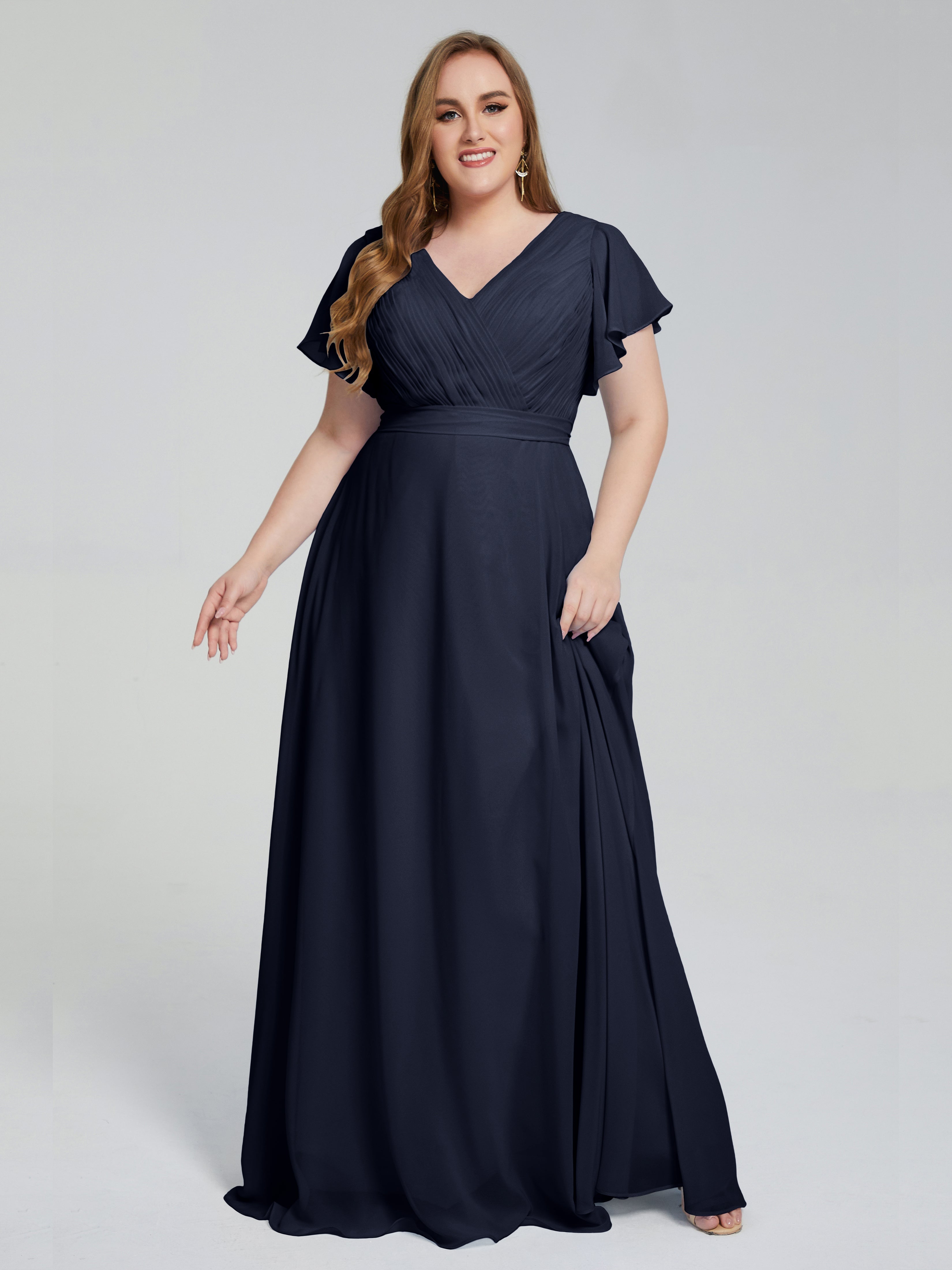 Demoiselle D'Honneur Bleu Marine Manches Courtes Mousseline Robes Demoiselle D'Honneur