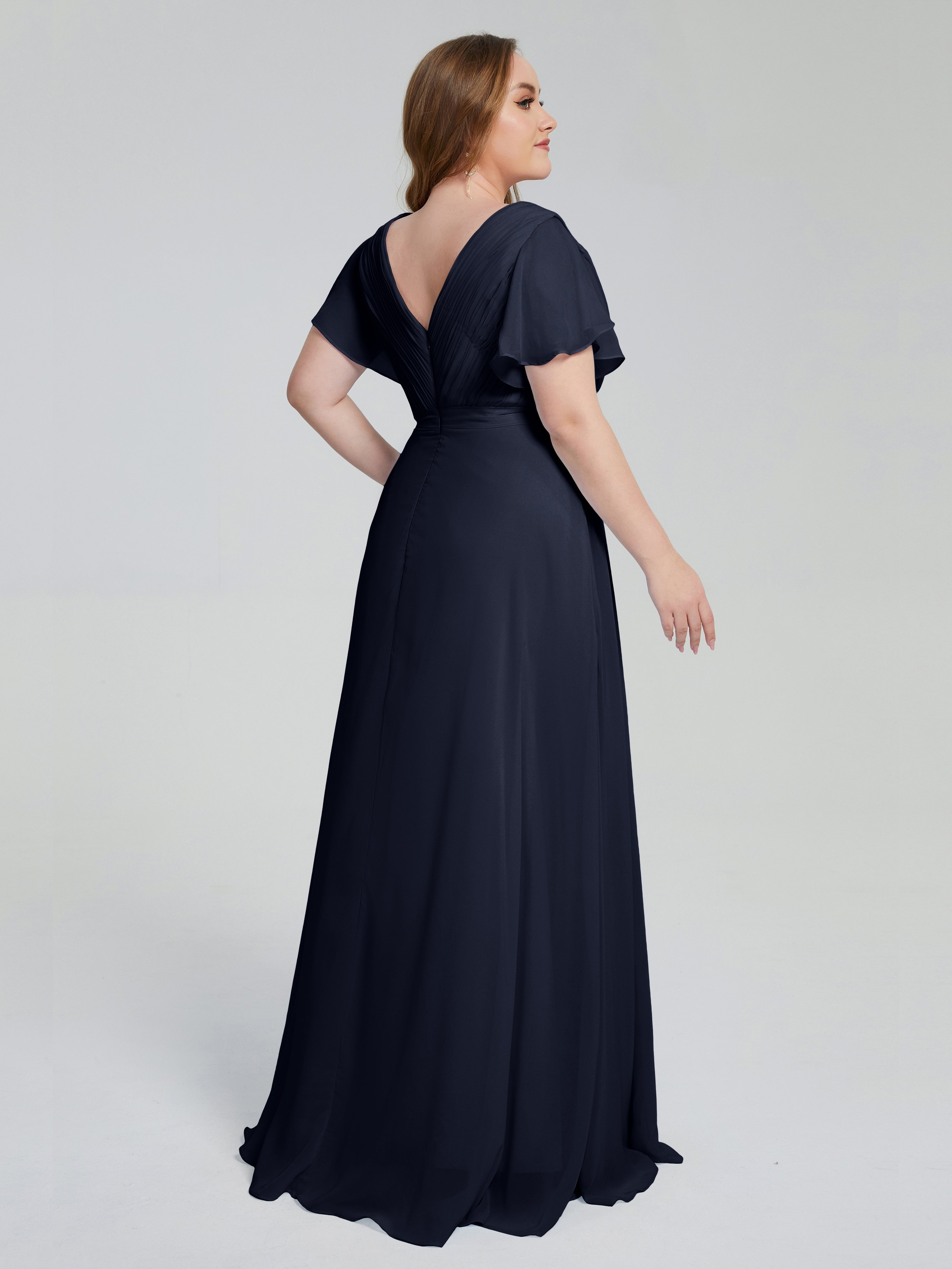 Demoiselle D'Honneur Bleu Marine Manches Courtes Mousseline Robes Demoiselle D'Honneur