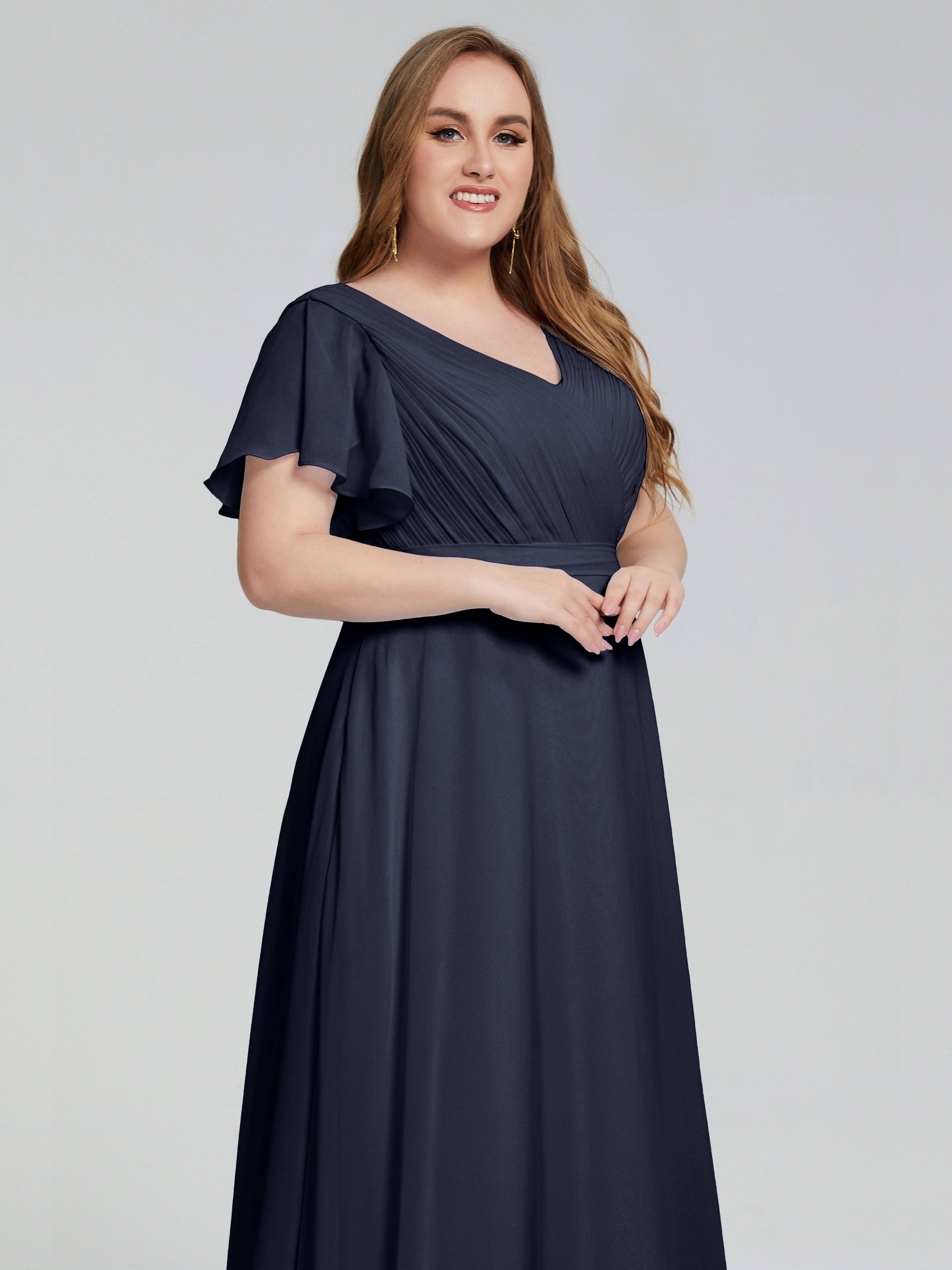 Demoiselle D'Honneur Bleu Marine Manches Courtes Mousseline Robes Demoiselle D'Honneur