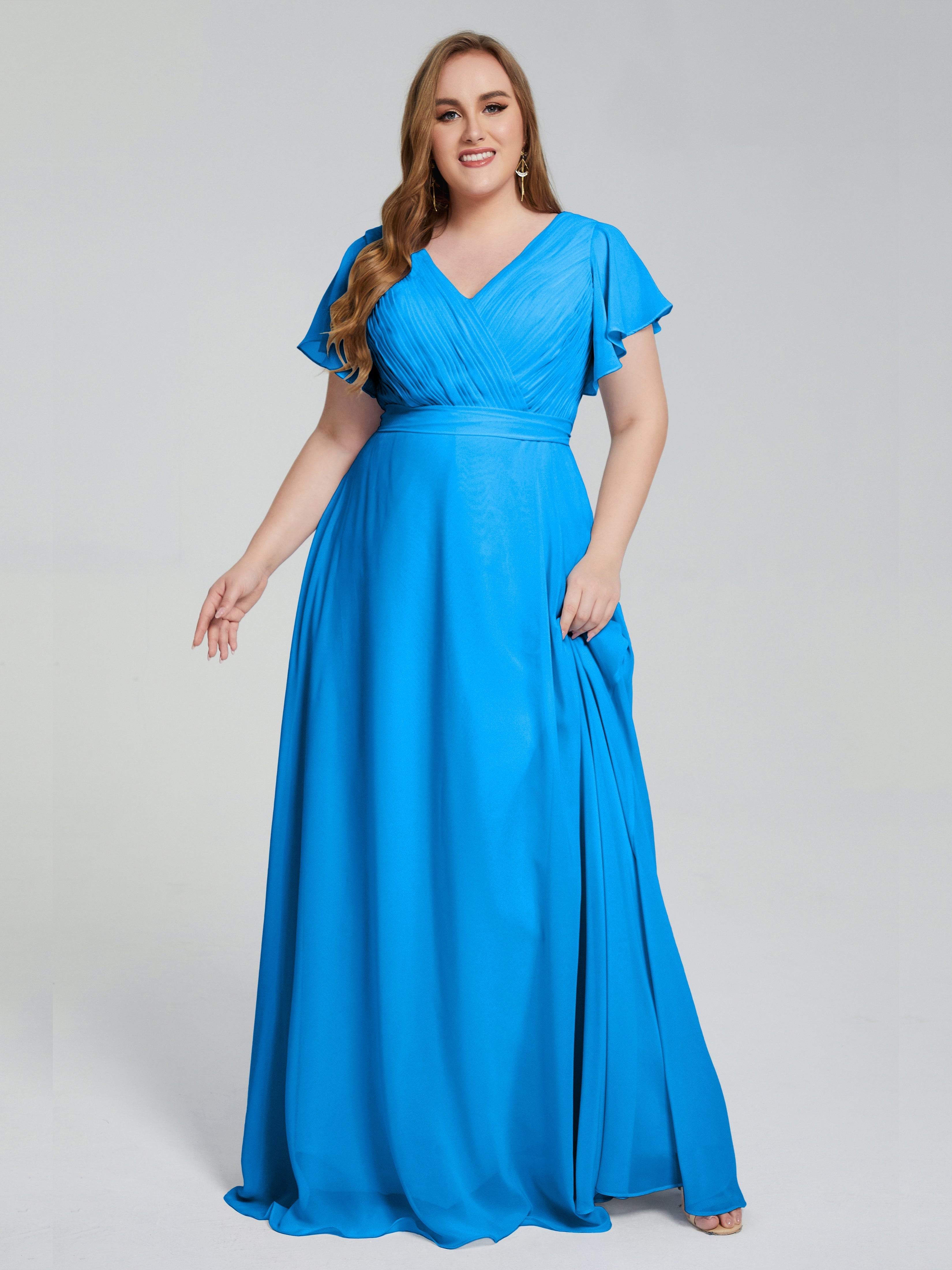 Robes De Demoiselle D'Honneur Bleu Océan Manches Courtes Mousseline Robes Demoiselle D'Honneur