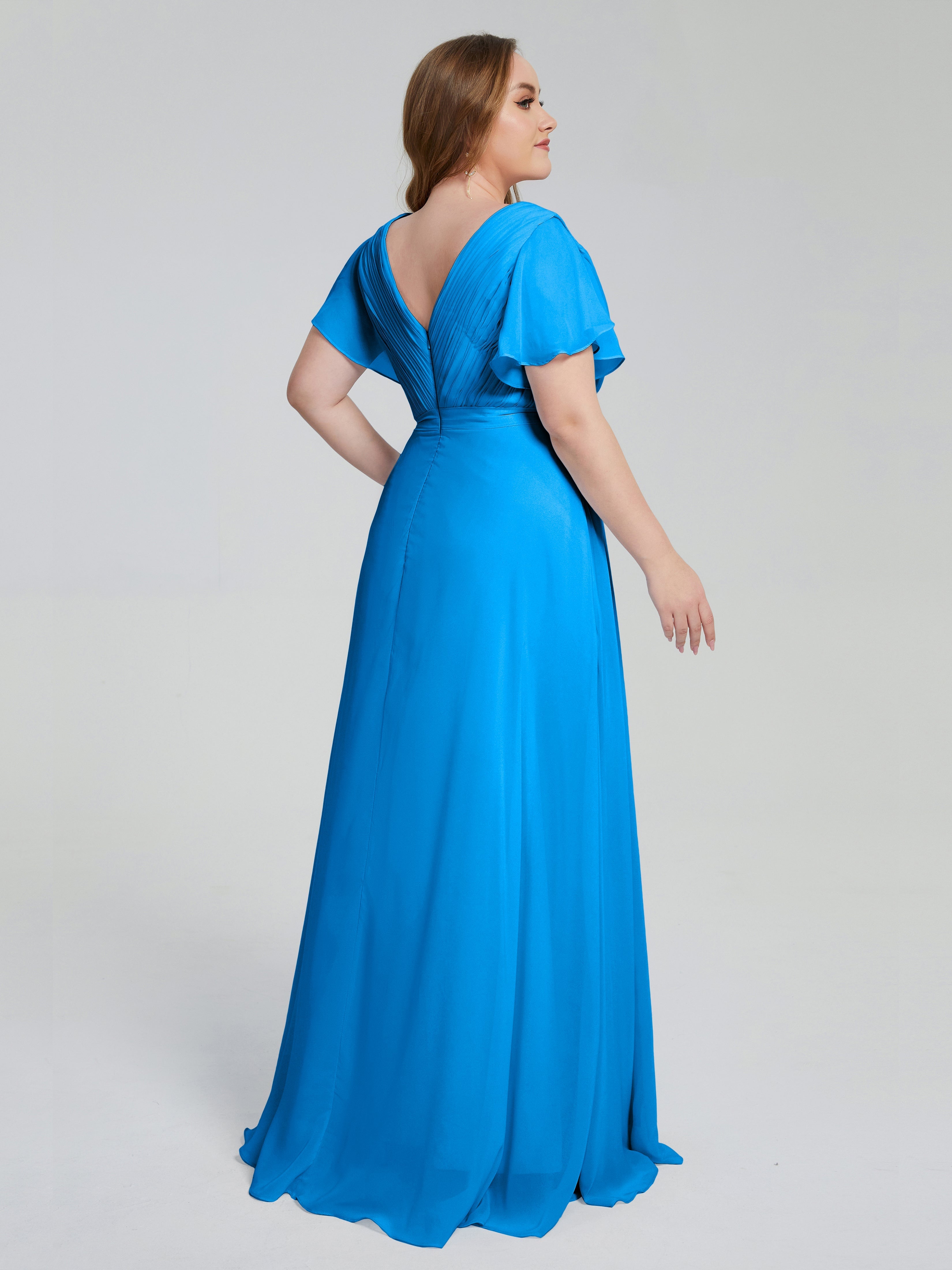Robes De Demoiselle D'Honneur Bleu Océan Manches Courtes Mousseline Robes Demoiselle D'Honneur