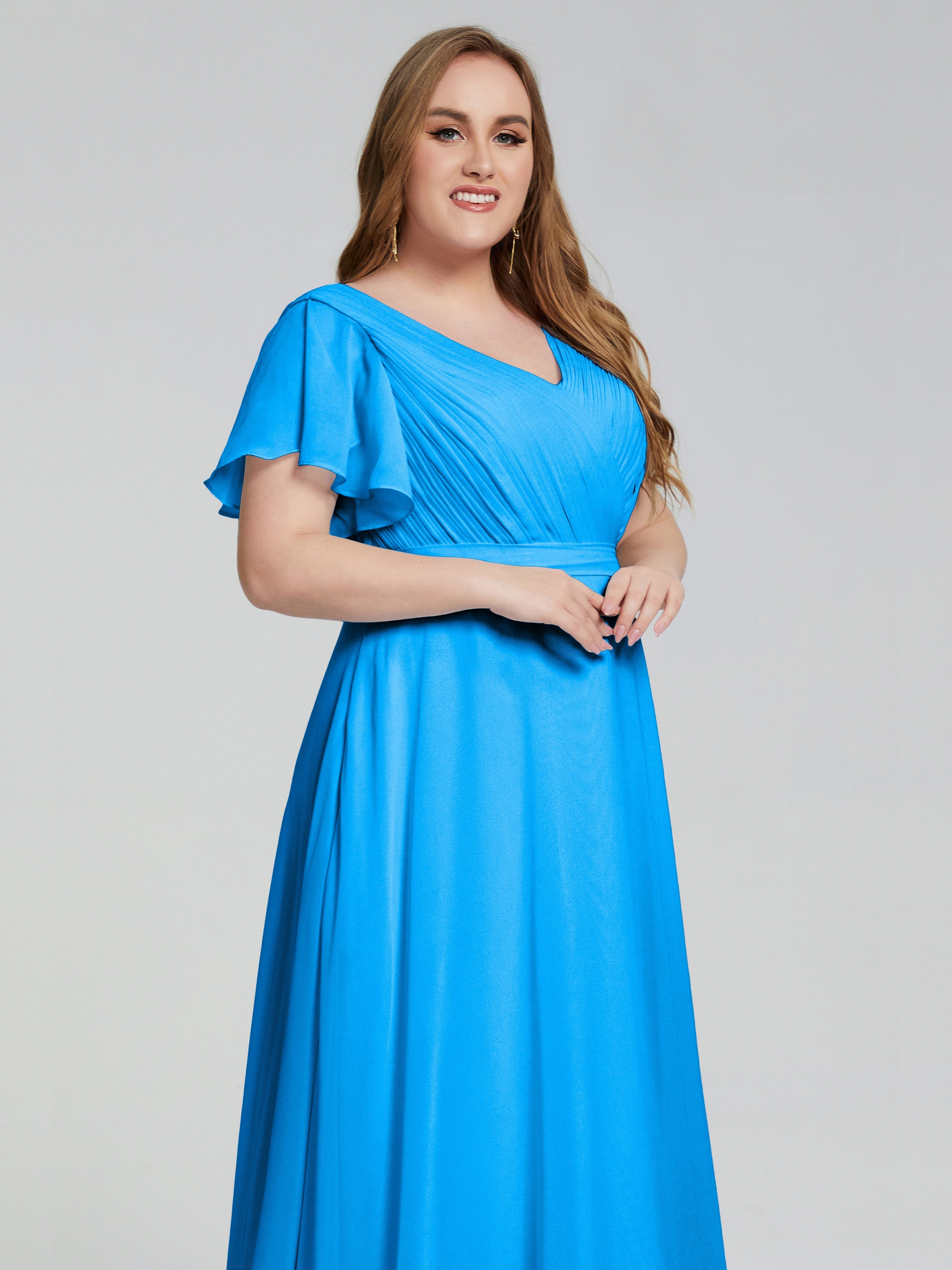 Robes De Demoiselle D'Honneur Bleu Océan Manches Courtes Mousseline Robes Demoiselle D'Honneur