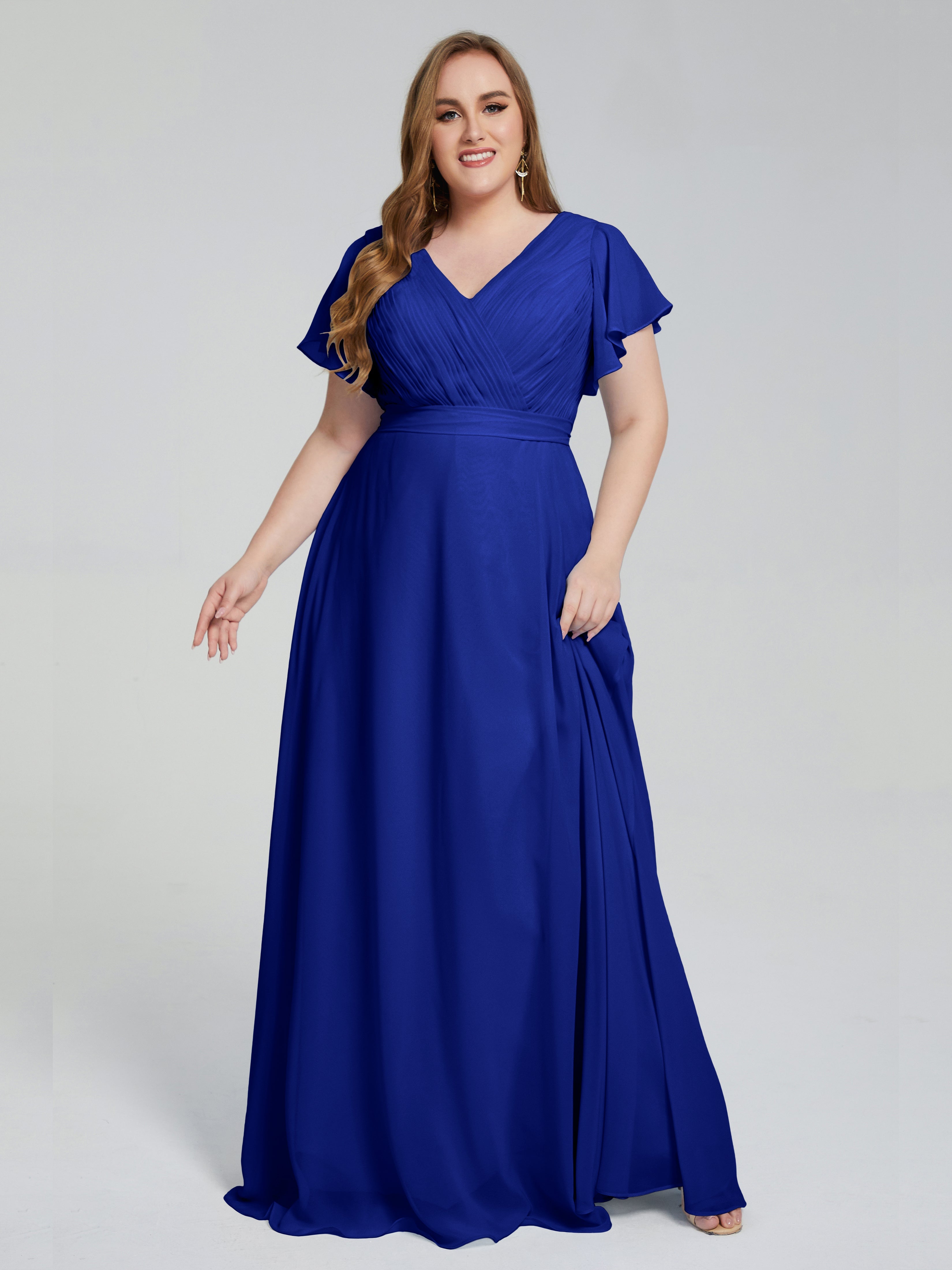 Robe Bleu Roi Demoiselle D Honneur Manches Courtes Mousseline Robes Demoiselle D'Honneur