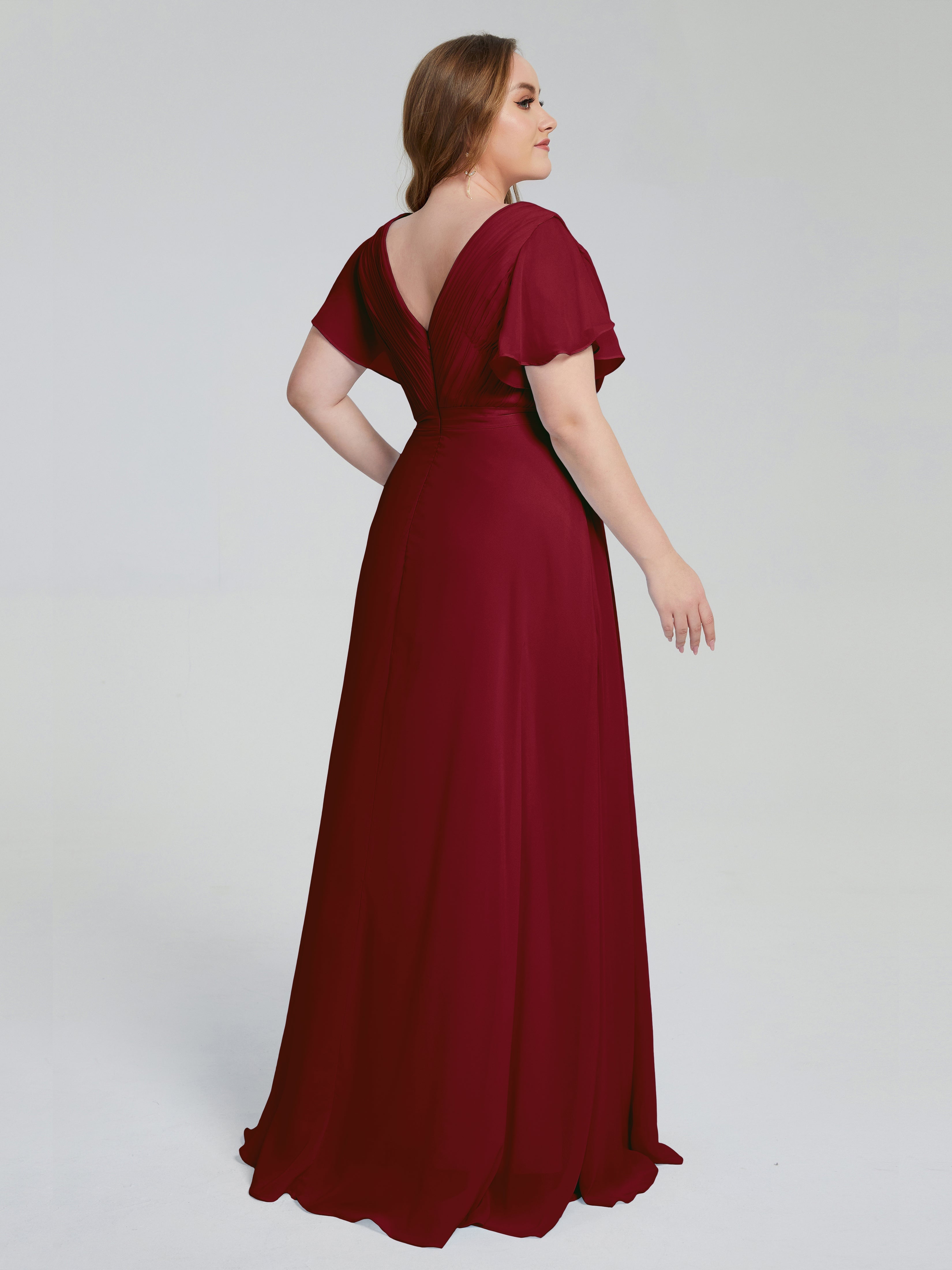 Robe Bordeaux Demoiselle D Honneur Manches Courtes Mousseline Robes Demoiselle D'Honneur