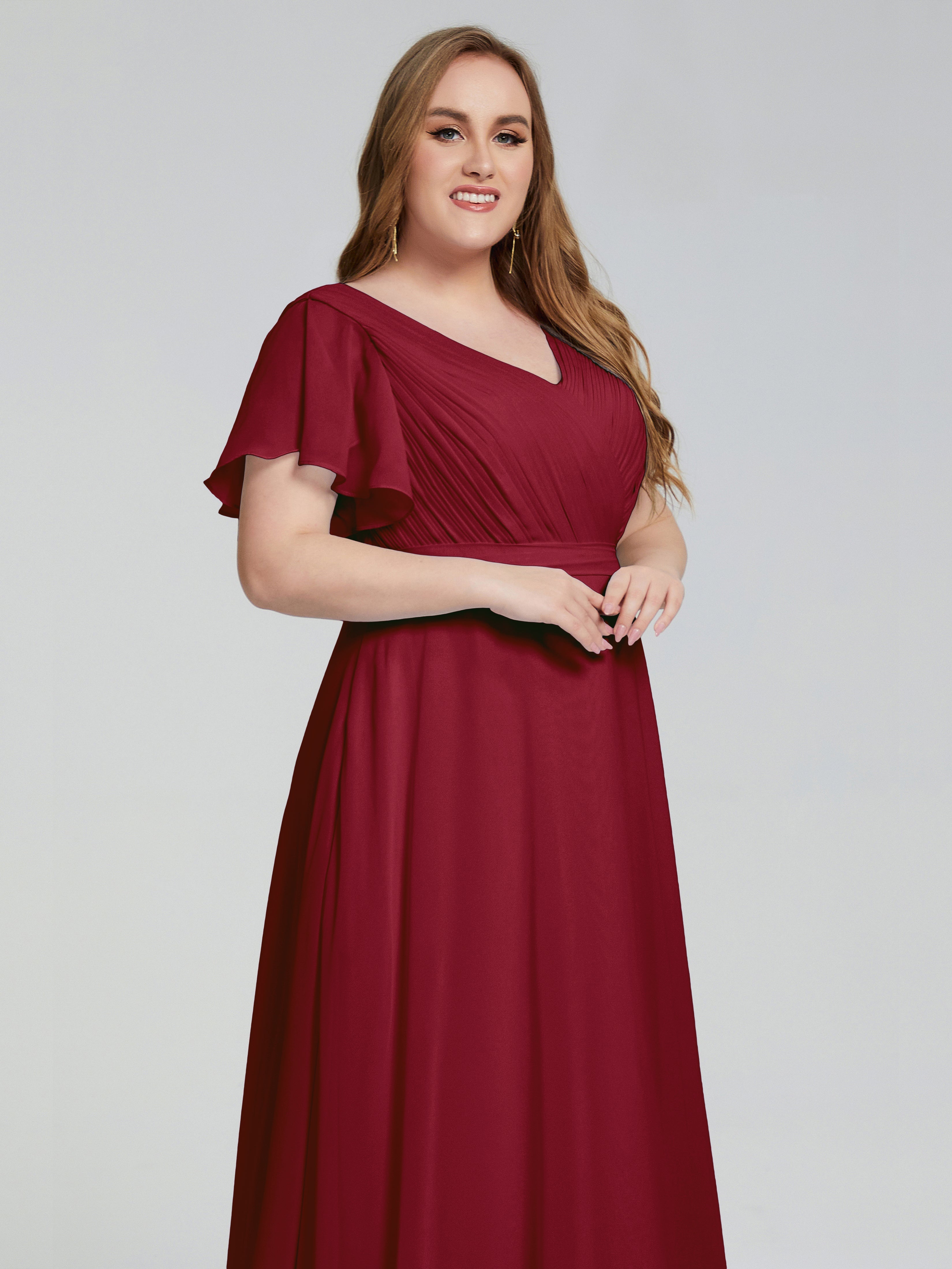 Robe Bordeaux Demoiselle D Honneur Manches Courtes Mousseline Robes Demoiselle D'Honneur