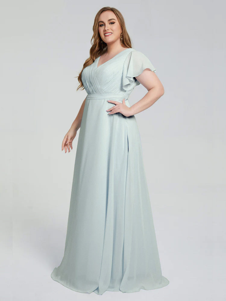 Robe Demoiselle D Honneur Vert Celadon Manches Courtes Mousseline Robes Demoiselle D'Honneur