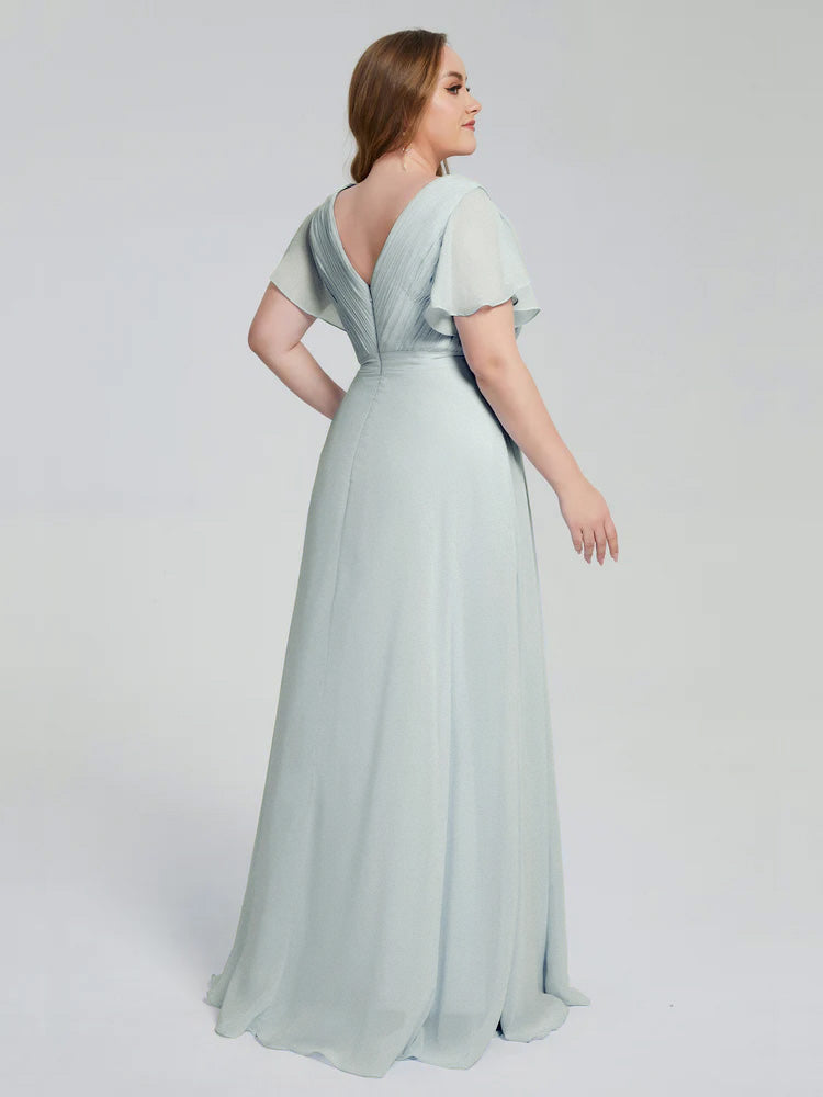 Robe Demoiselle D Honneur Vert Celadon Manches Courtes Mousseline Robes Demoiselle D'Honneur