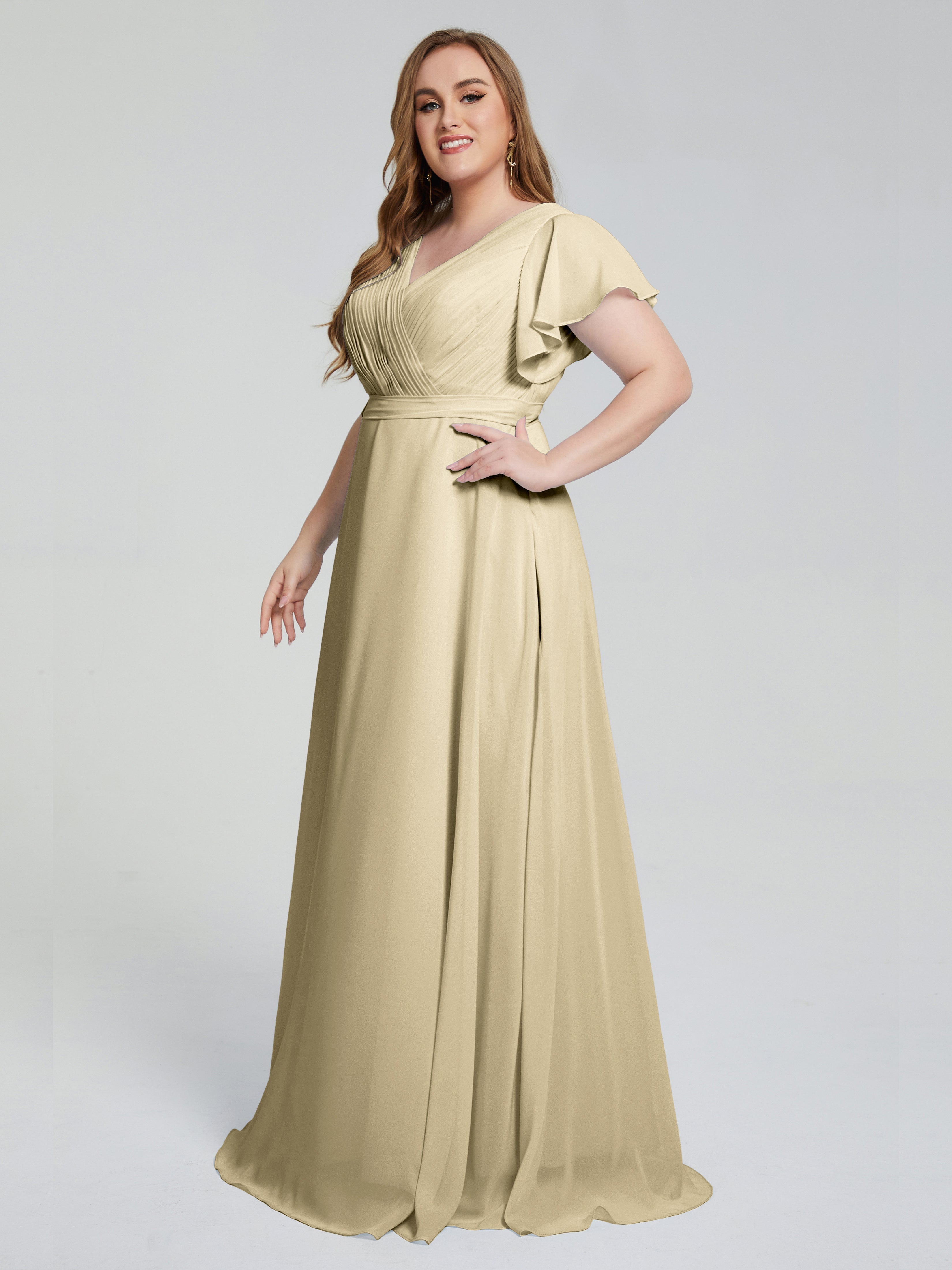 Robe De Demoiselle D Honneur Champagne Manches Courtes Mousseline Robes Demoiselle D'Honneur