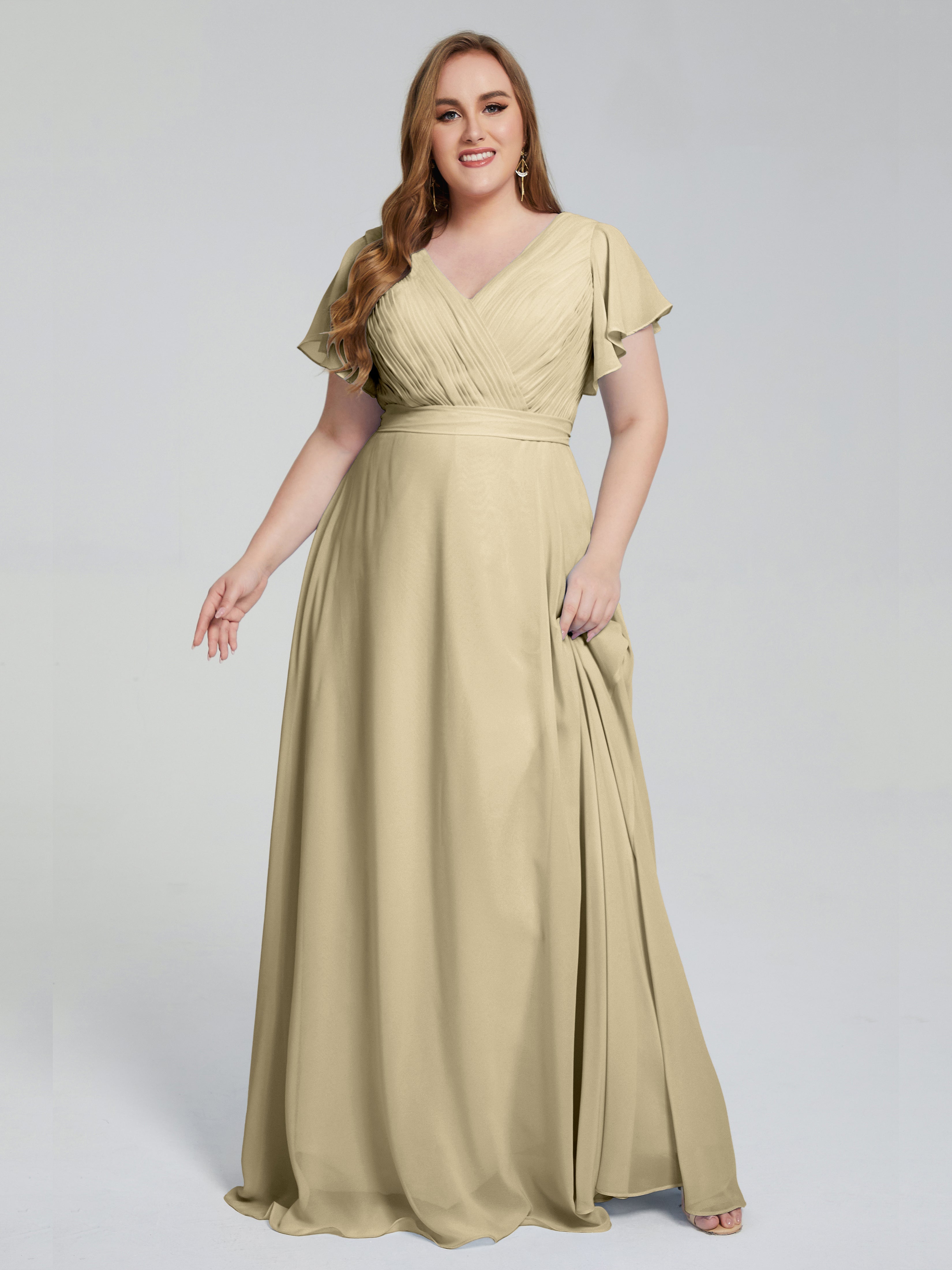 Robe De Demoiselle D Honneur Champagne Manches Courtes Mousseline Robes Demoiselle D'Honneur