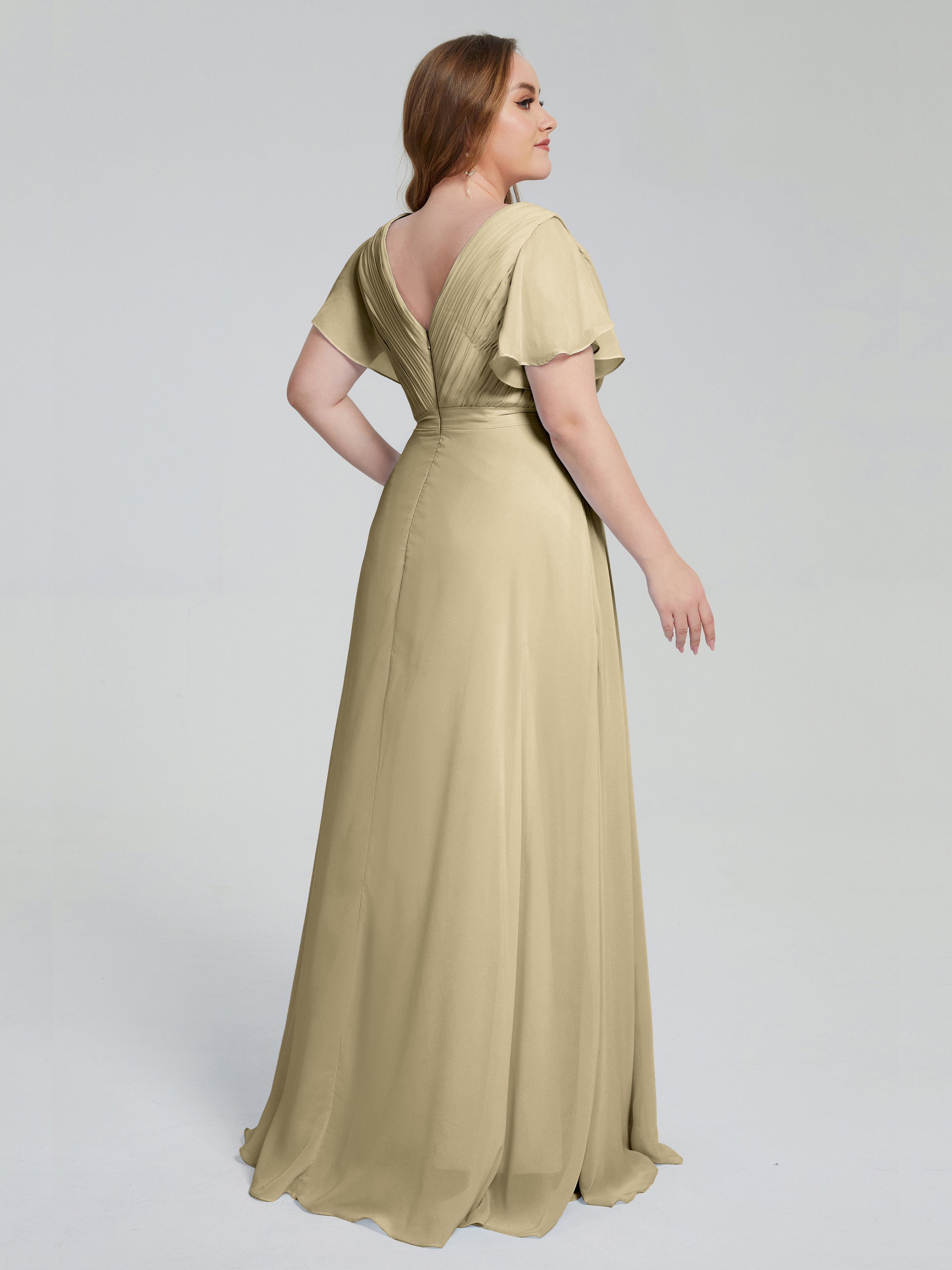 Robe De Demoiselle D Honneur Champagne Manches Courtes Mousseline Robes Demoiselle D'Honneur