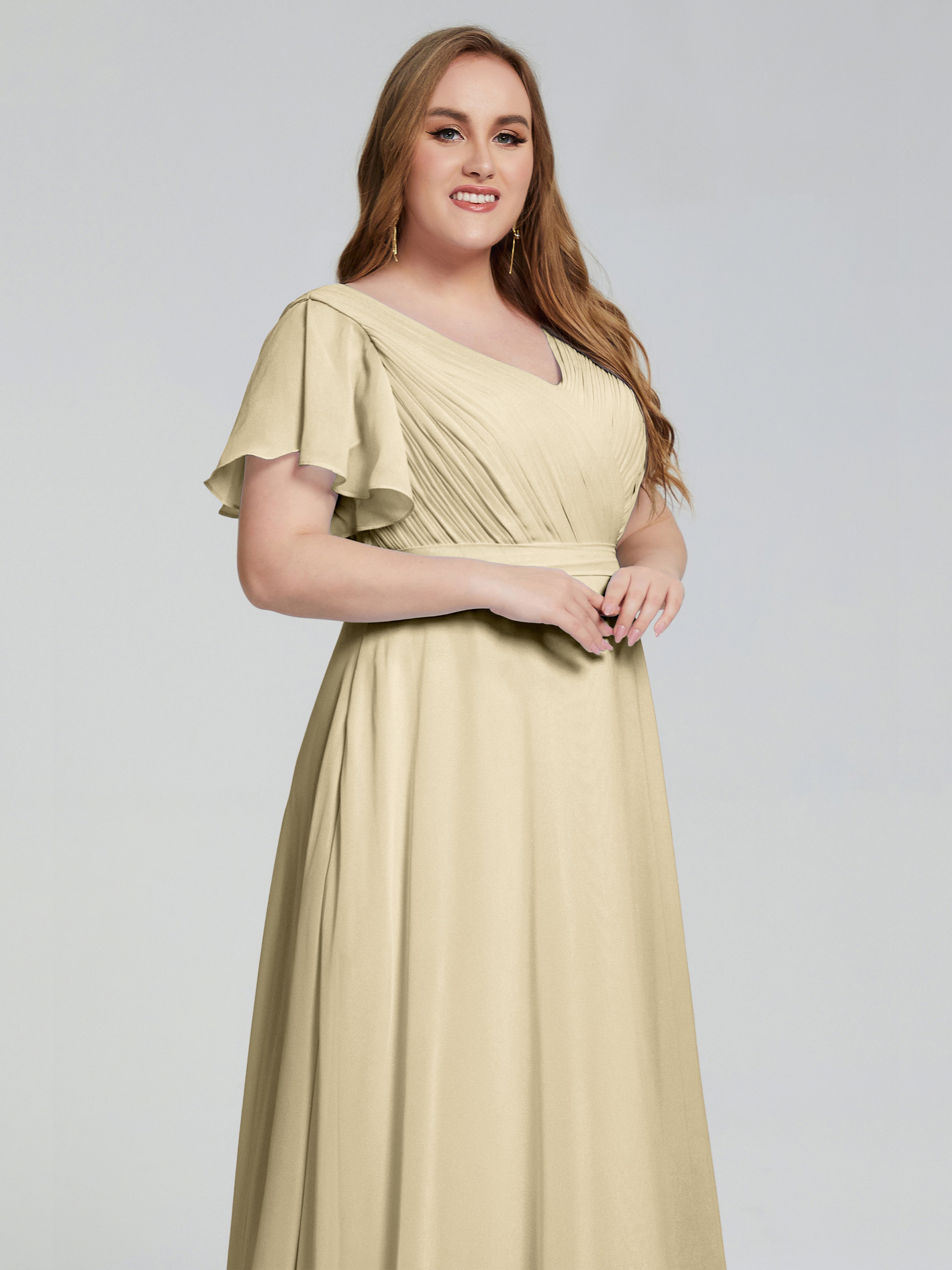 Robe De Demoiselle D Honneur Champagne Manches Courtes Mousseline Robes Demoiselle D'Honneur