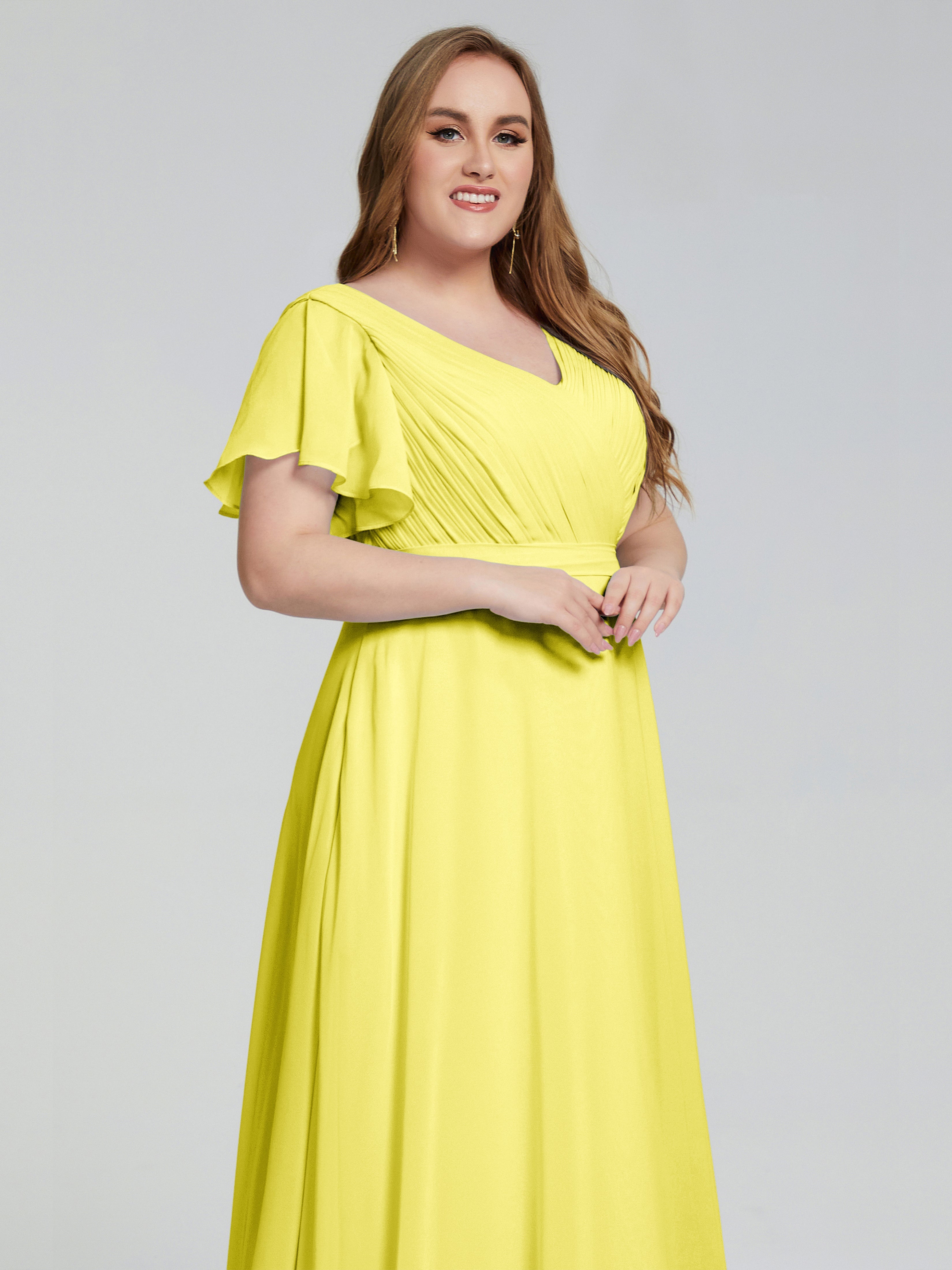 Robes De Demoiselle D'Honneur Citron Manches Courtes Mousseline Robes Demoiselle D'Honneur