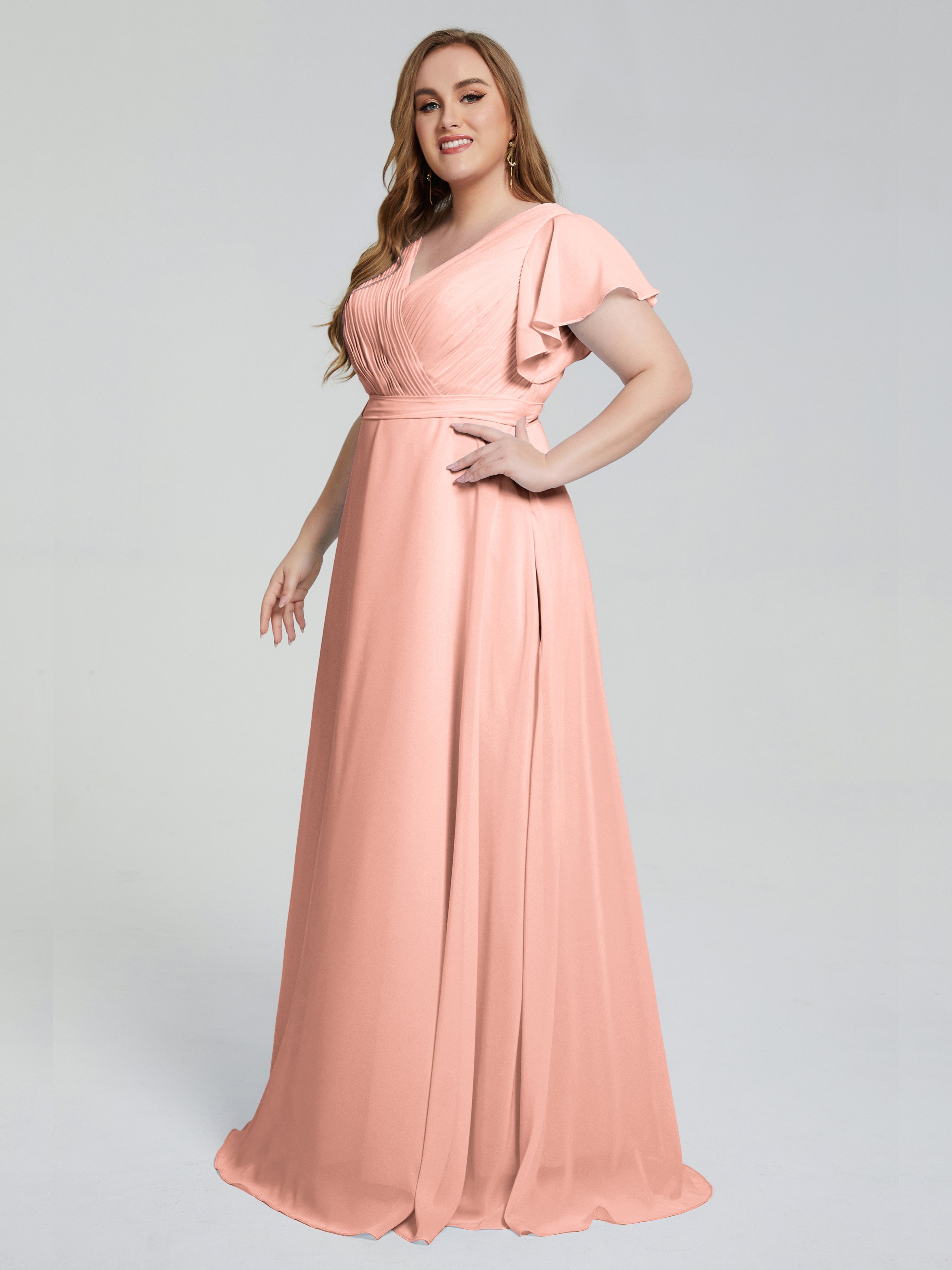 Robes De Demoiselle D'Honneur Corail Courtes Manches Courtes Mousseline Robes Demoiselle D'Honneur