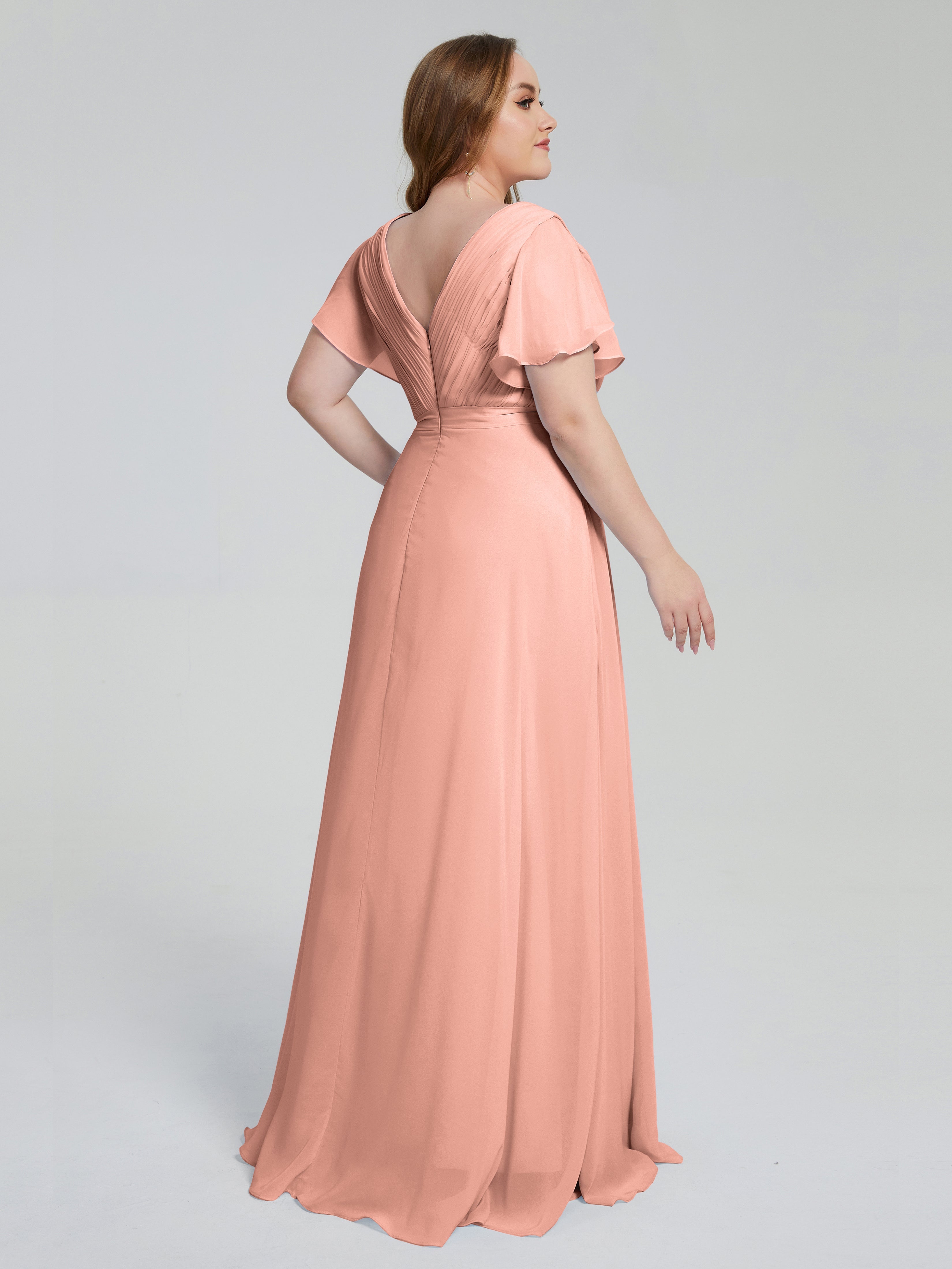 Robes De Demoiselle D'Honneur Corail Courtes Manches Courtes Mousseline Robes Demoiselle D'Honneur
