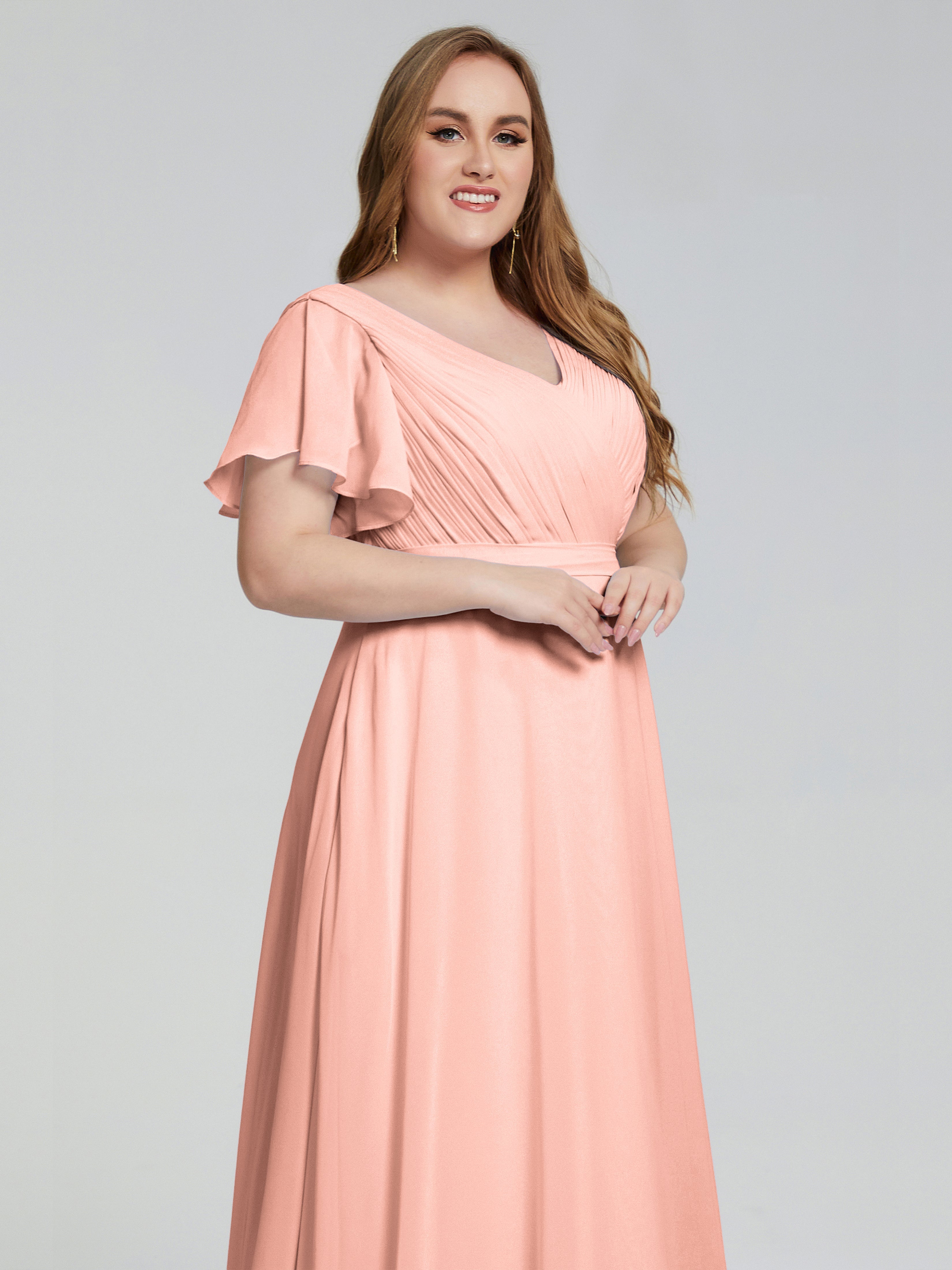 Robes De Demoiselle D'Honneur Corail Courtes Manches Courtes Mousseline Robes Demoiselle D'Honneur