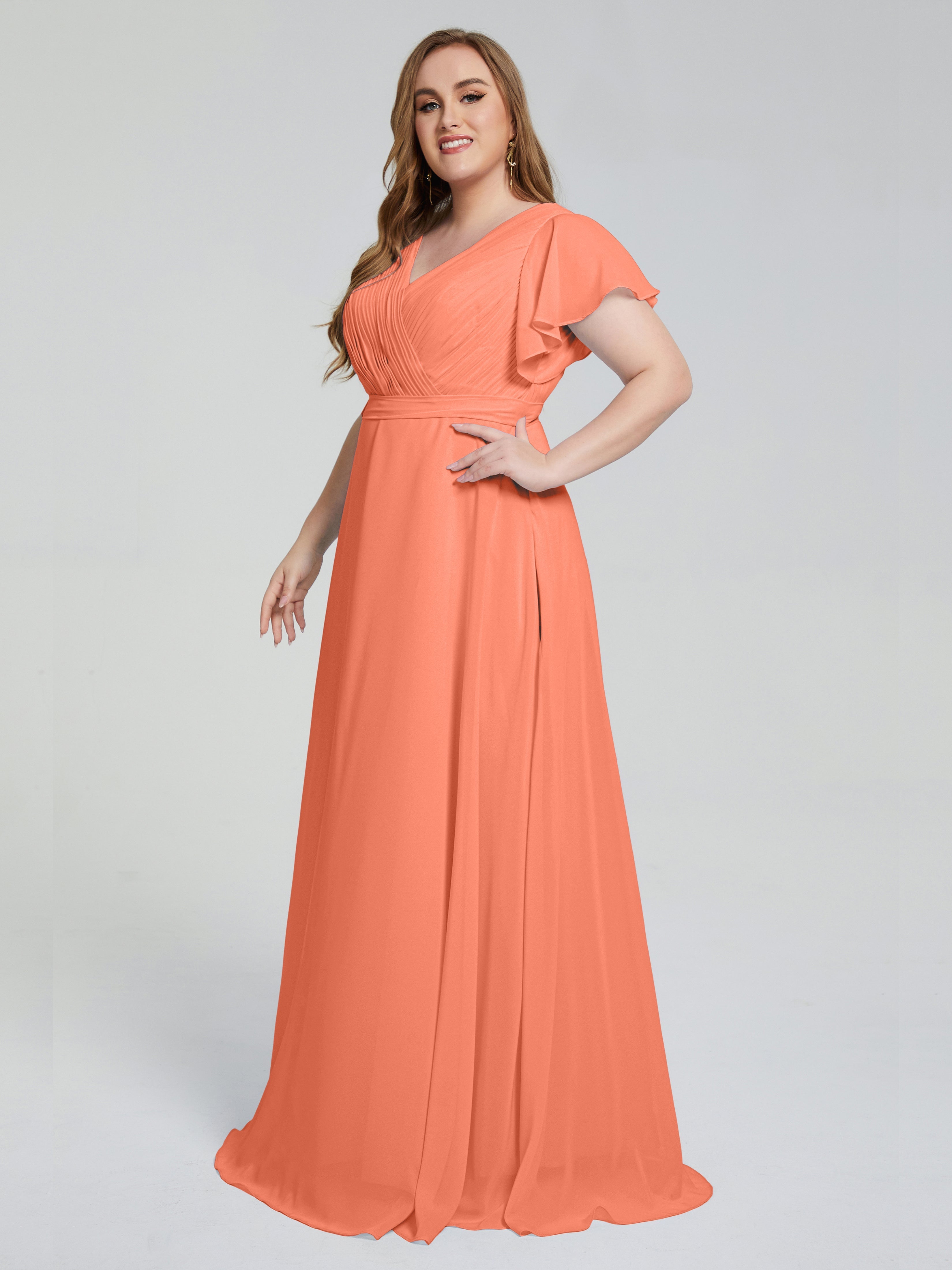 Robes De Demoiselle D'Honneur Coucher De Soleil Manches Courtes Mousseline Robes Demoiselle D'Honneur