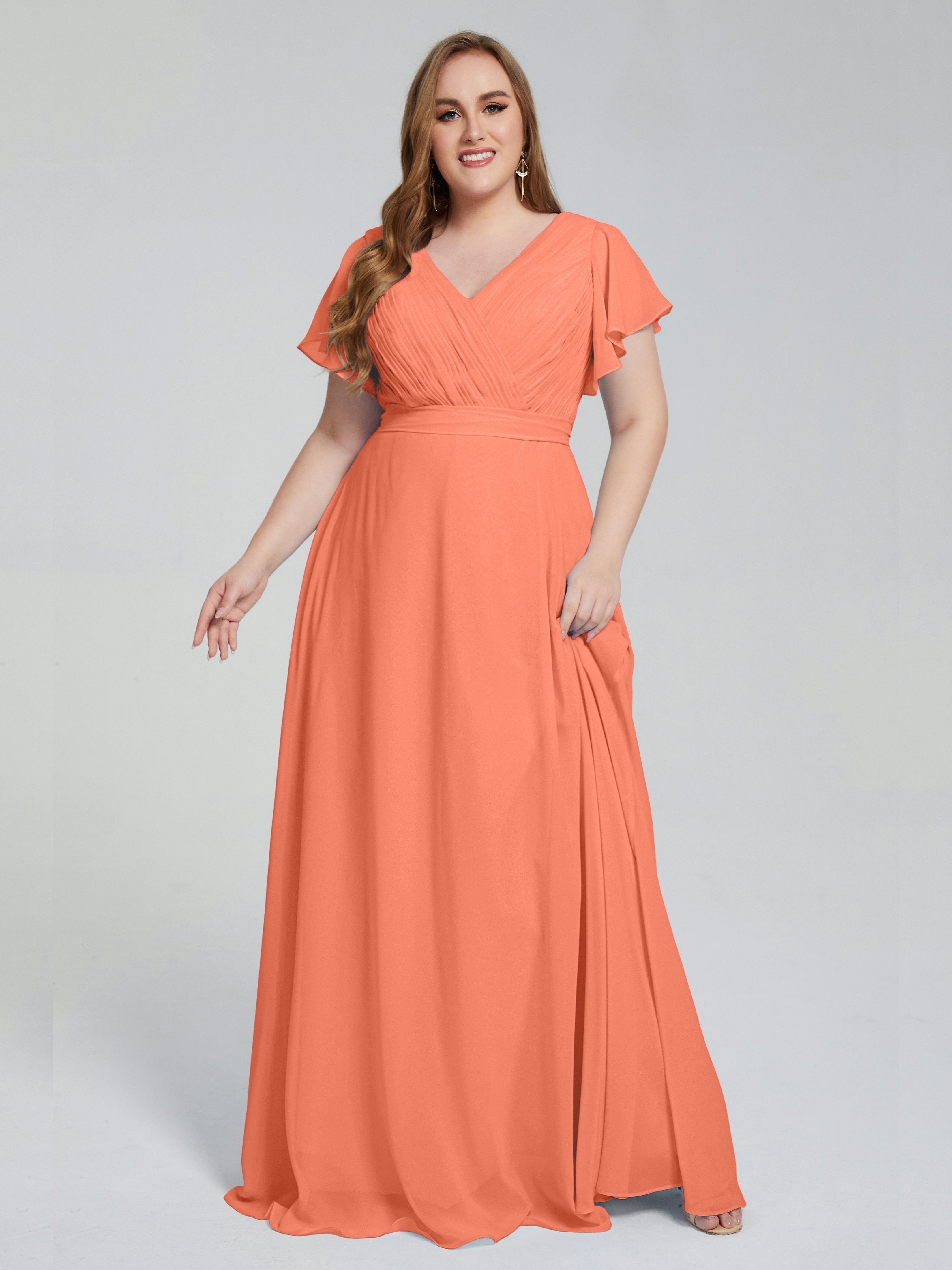 Robes De Demoiselle D'Honneur Coucher De Soleil Manches Courtes Mousseline Robes Demoiselle D'Honneur